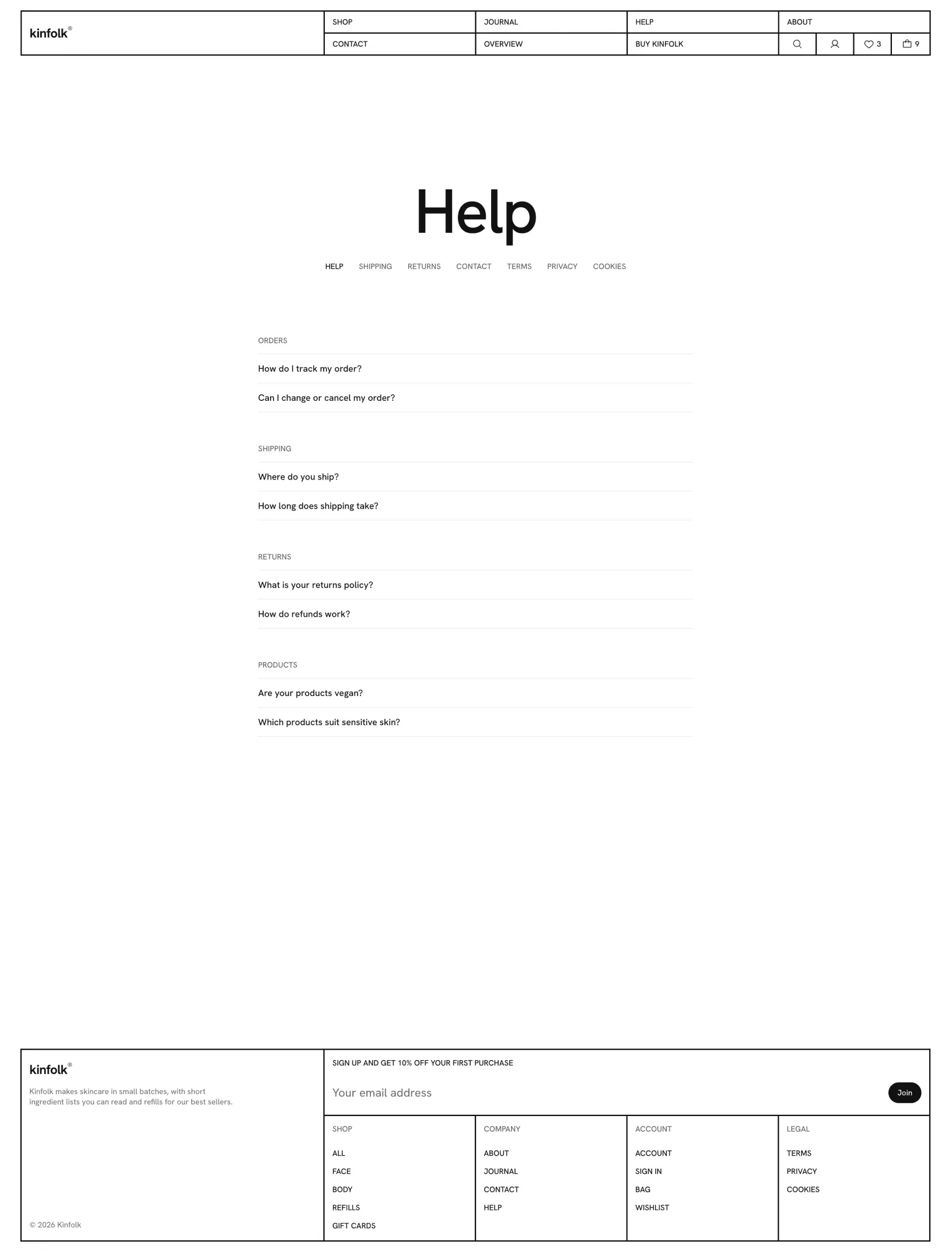 Kinfolk help center with questions grouped under orders, shipping, returns and products as plain ruled rows