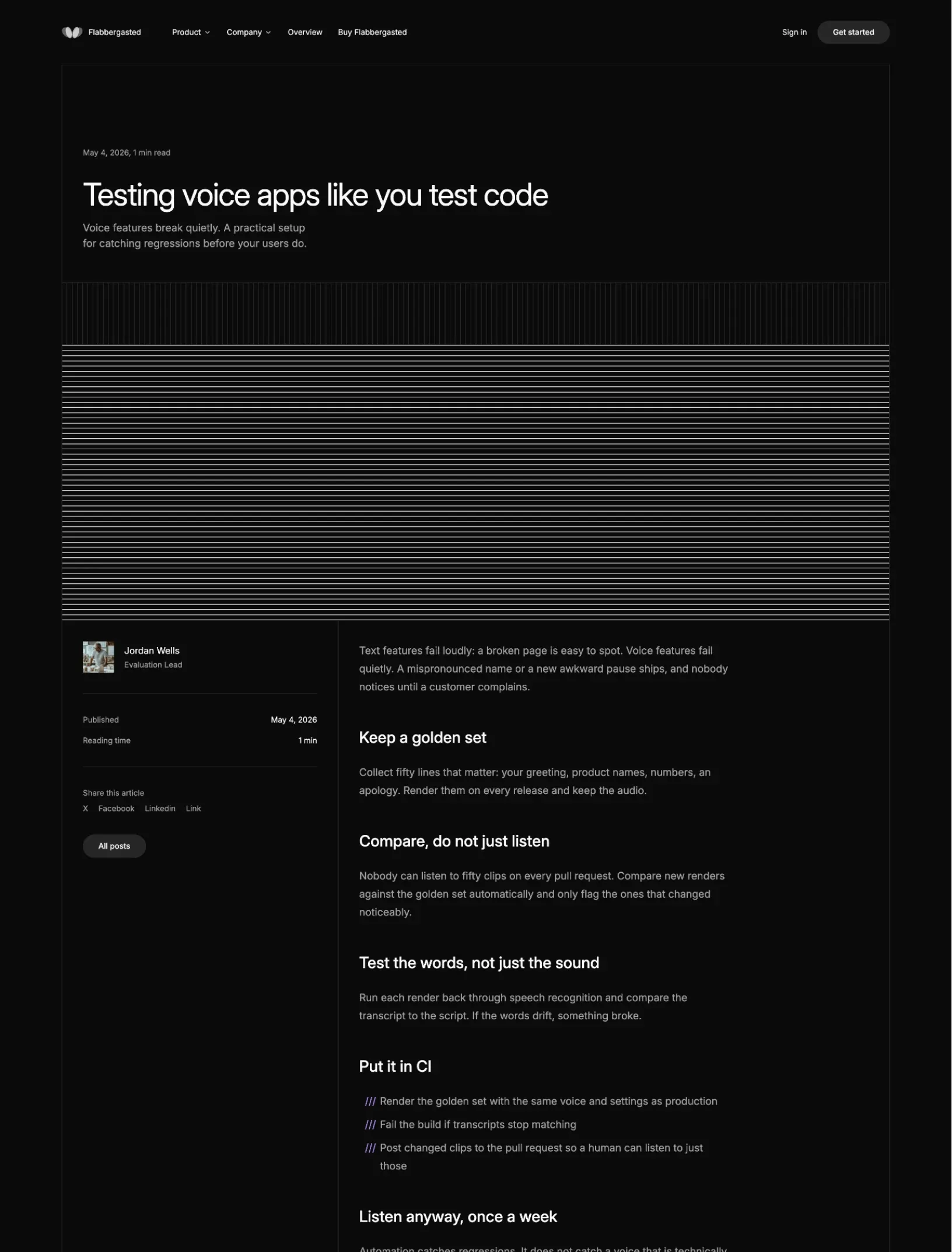 Flabbergasted blog post Testing voice apps like you test code with a stripe band, the author, date and share links in the sidebar and the article