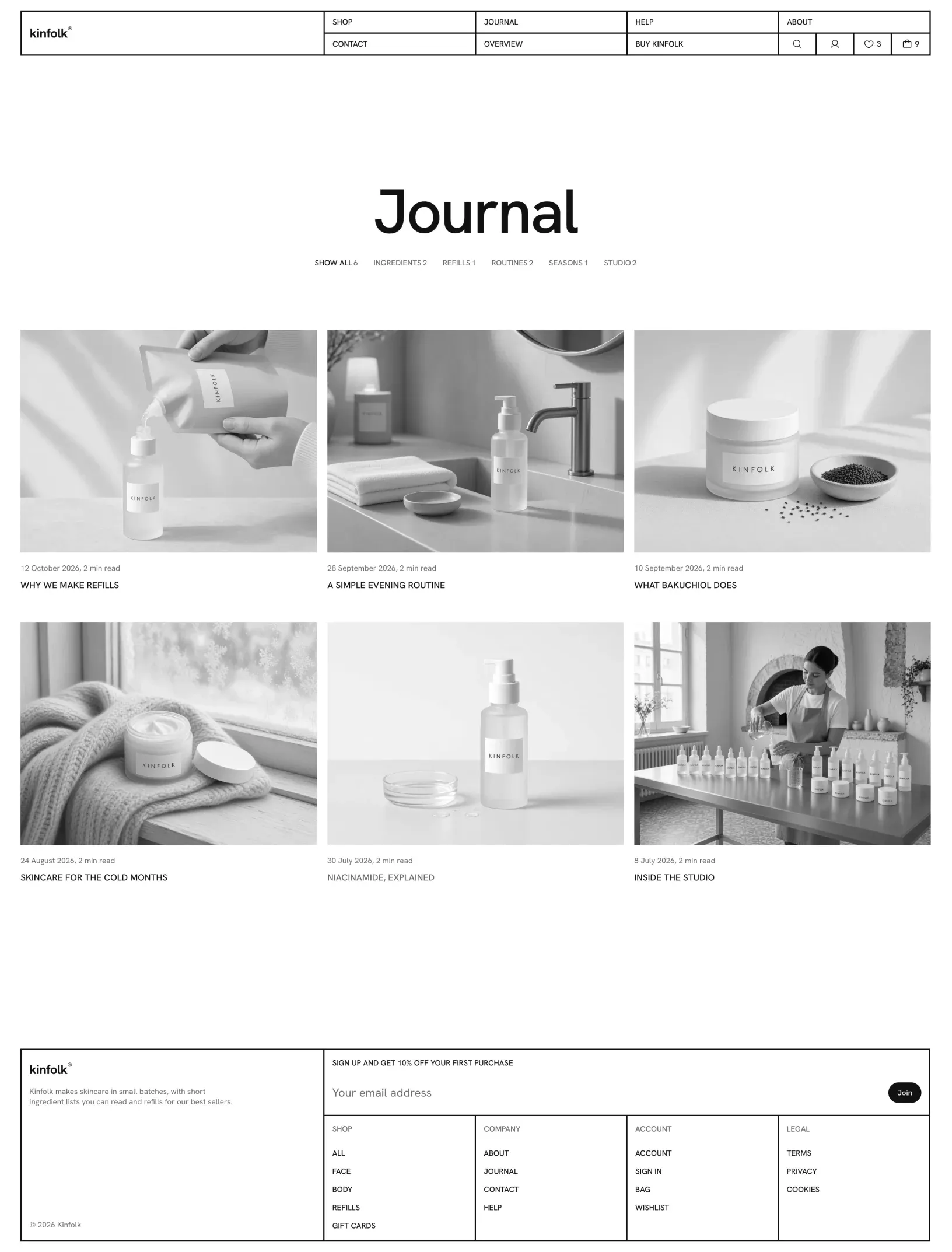 Kinfolk journal with topic tabs and six posts with photos of refills, an evening routine, bakuchiol, winter care, niacinamide and the studio