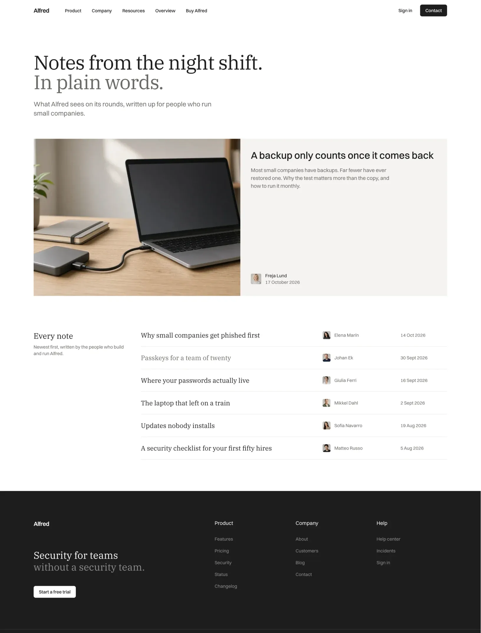 Alfred blog with a featured post about backups beside its photo and every note in rows with author and date