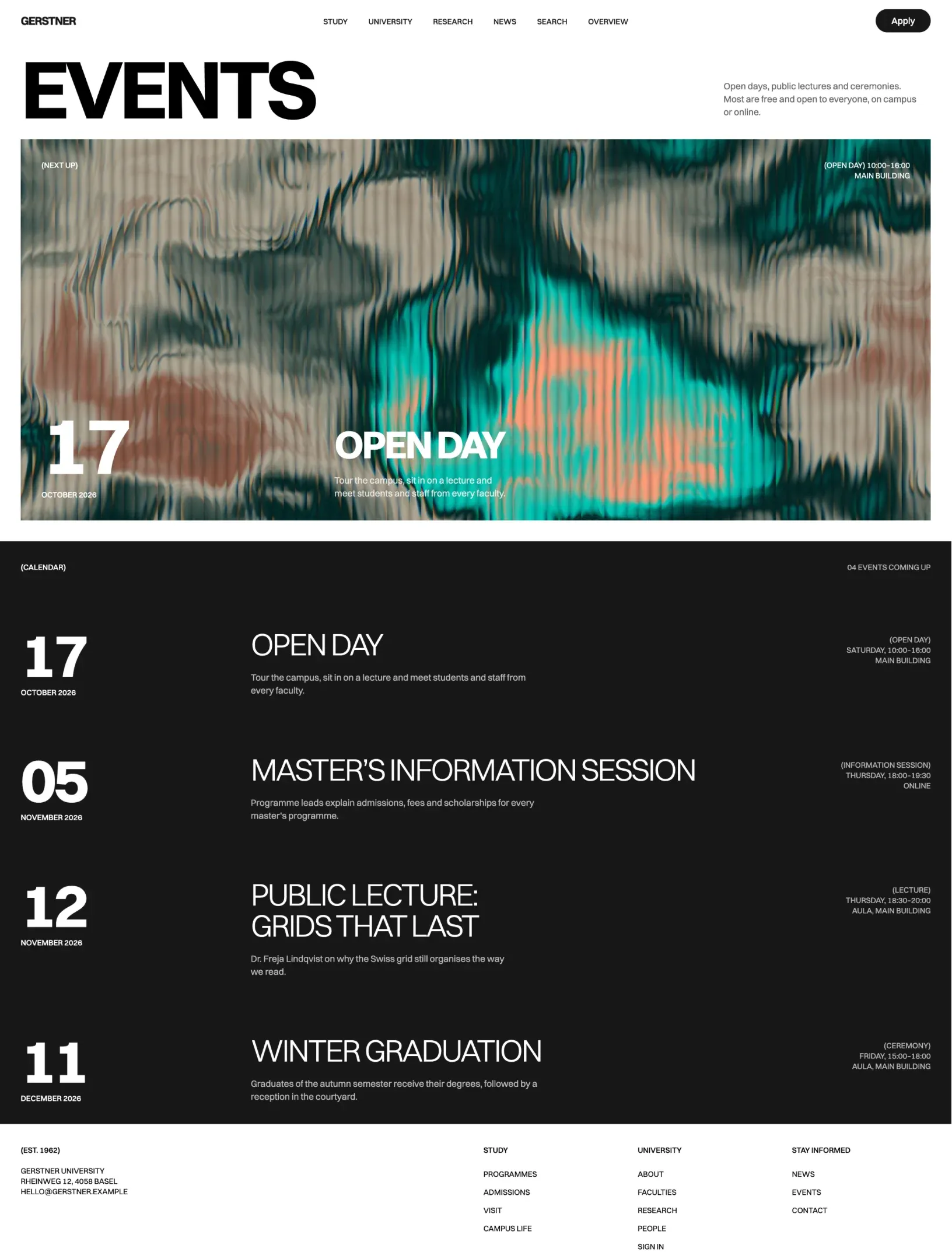 Gerstner events page with an open day poster on a shader and a dark calendar of upcoming events