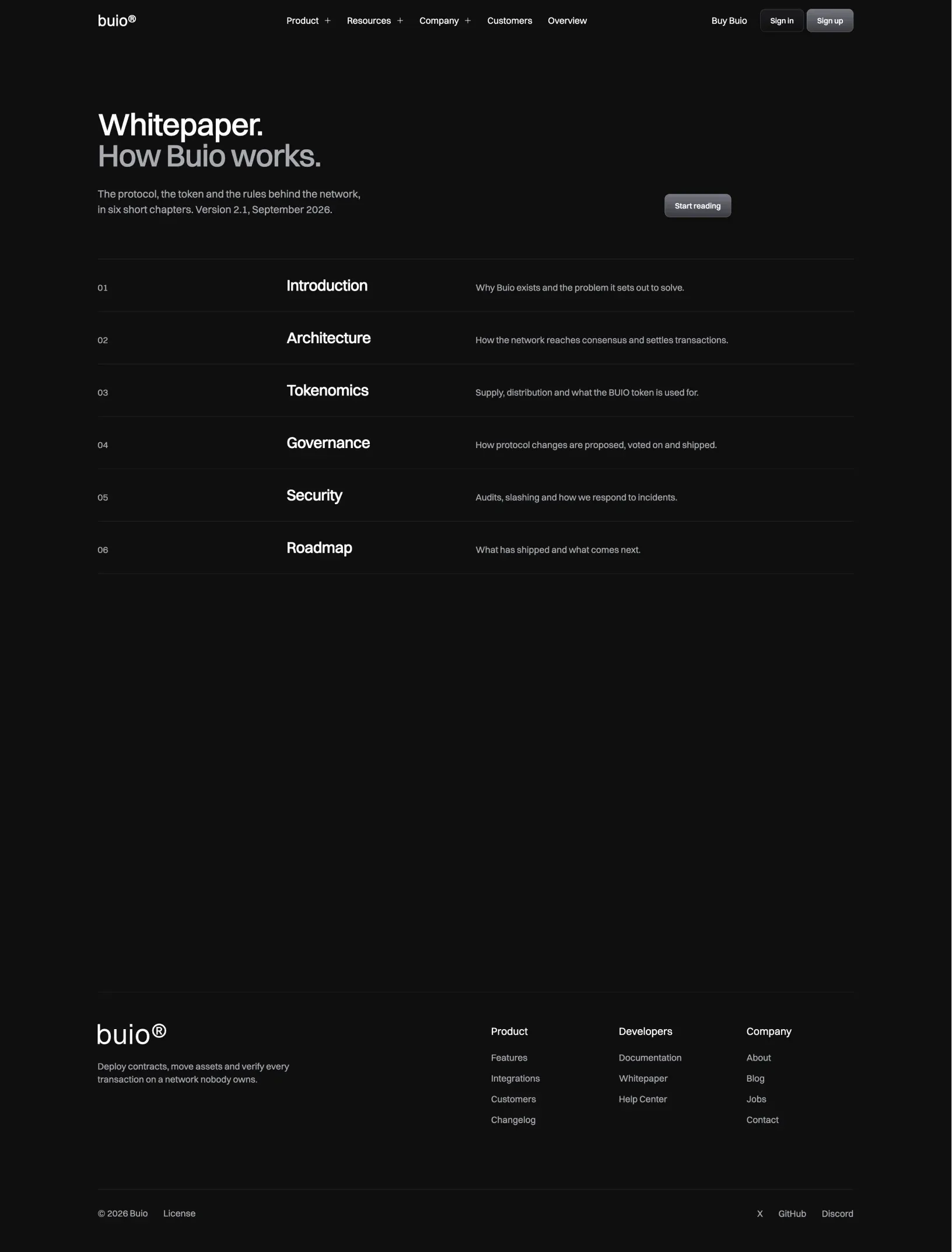 Buio whitepaper cover with How Buio works and six numbered chapters in ruled rows