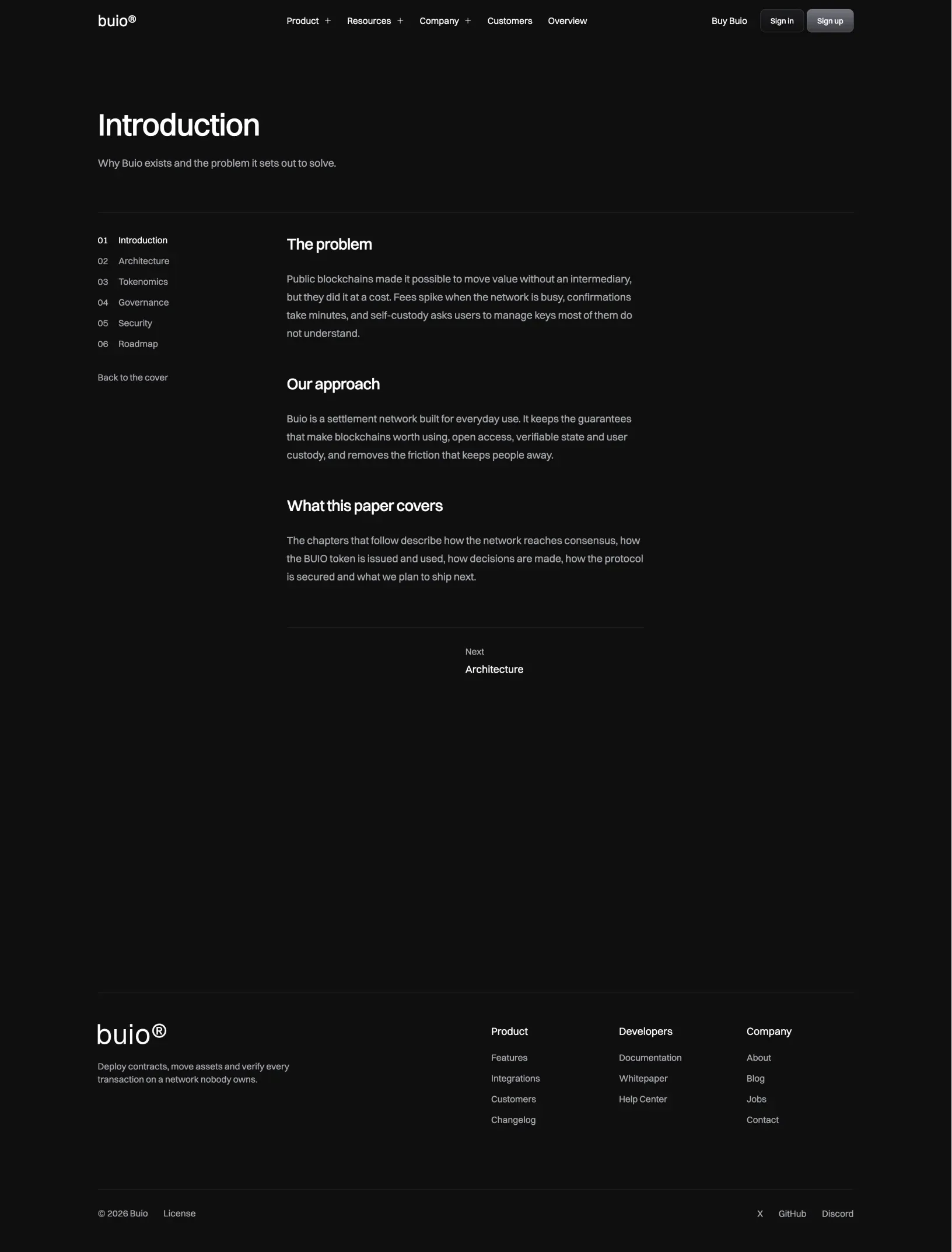 Buio whitepaper introduction with a sticky chapter list, the problem, our approach and the next chapter link