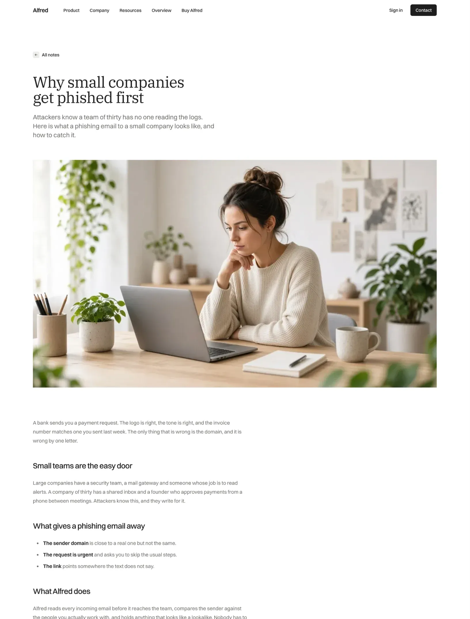 Alfred blog post Why small companies get phished first with a large photo and the article