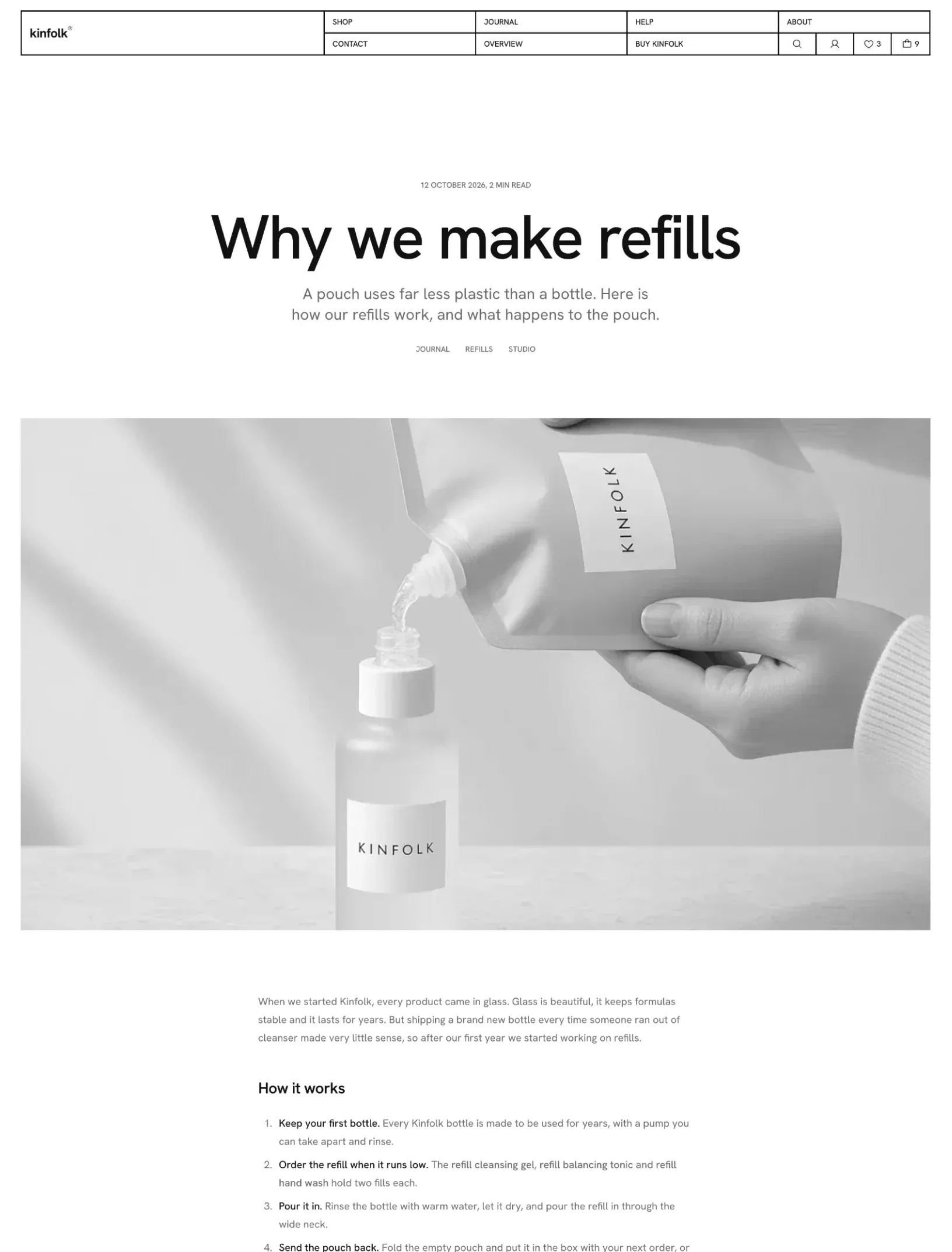 Kinfolk journal post Why we make refills with the date, description and topic links, a wide photo of a pouch refilling a bottle and the article below