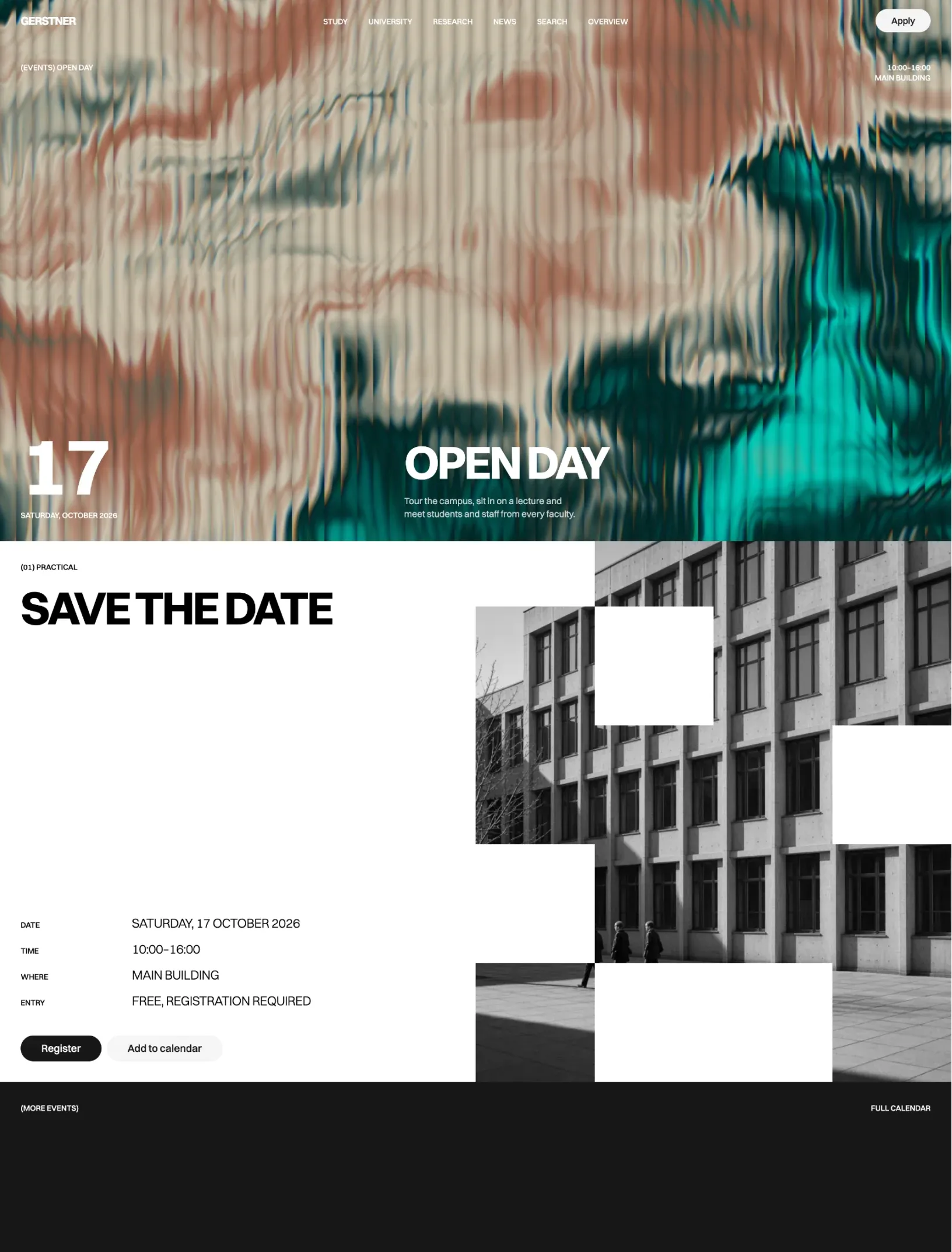 Gerstner event page with an open day shader header, the practical details and register buttons