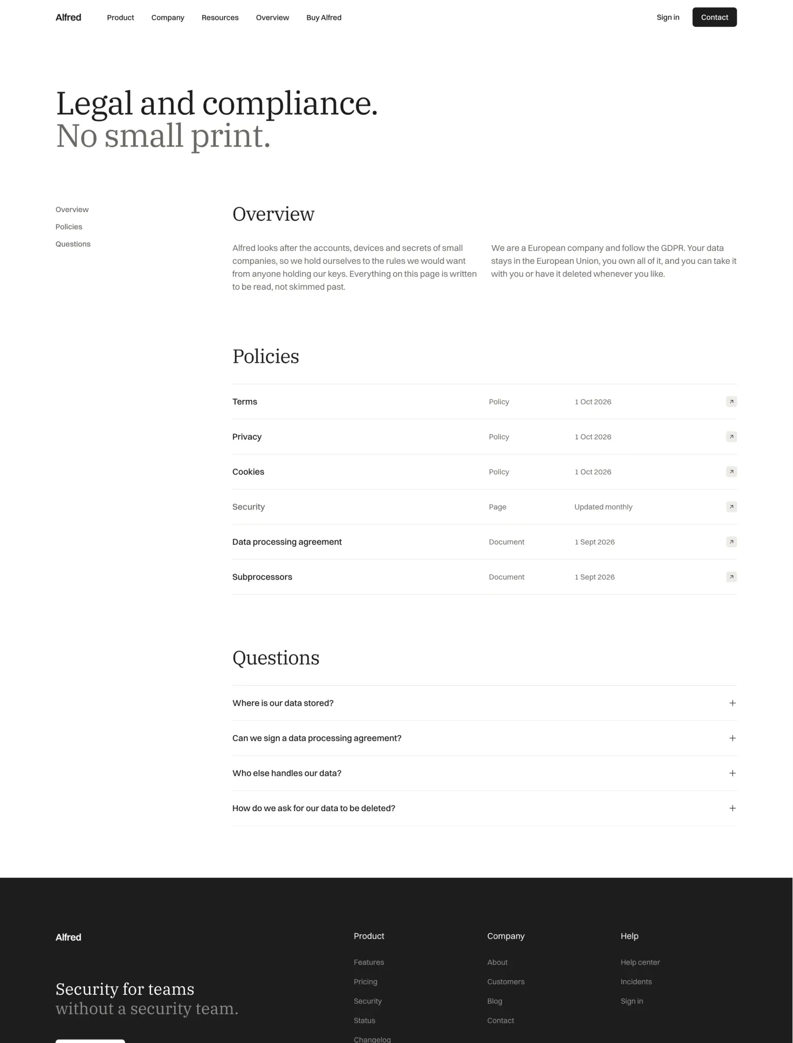 Alfred legal page with Legal and compliance, No small print, a sticky nav, the overview, policies in rows and common questions