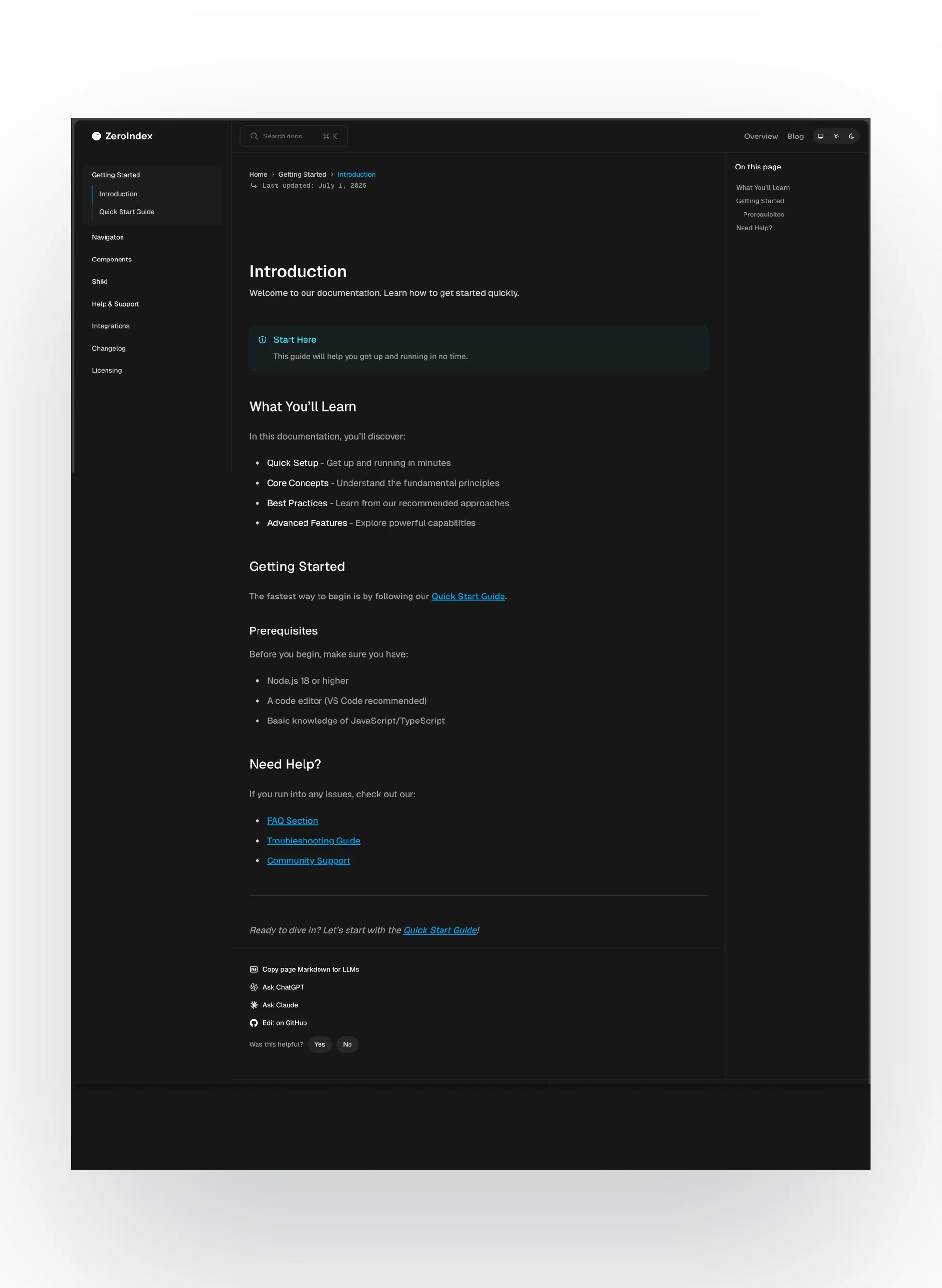 ZeroIndex mobile documentation view