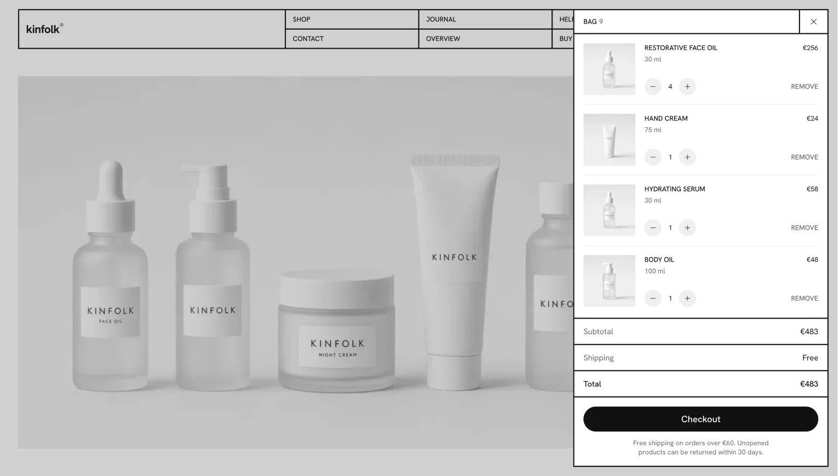 Kinfolk bag drawer open over the home page with product rows, quantity steppers and remove links, subtotal, shipping and total cells and a Checkout button