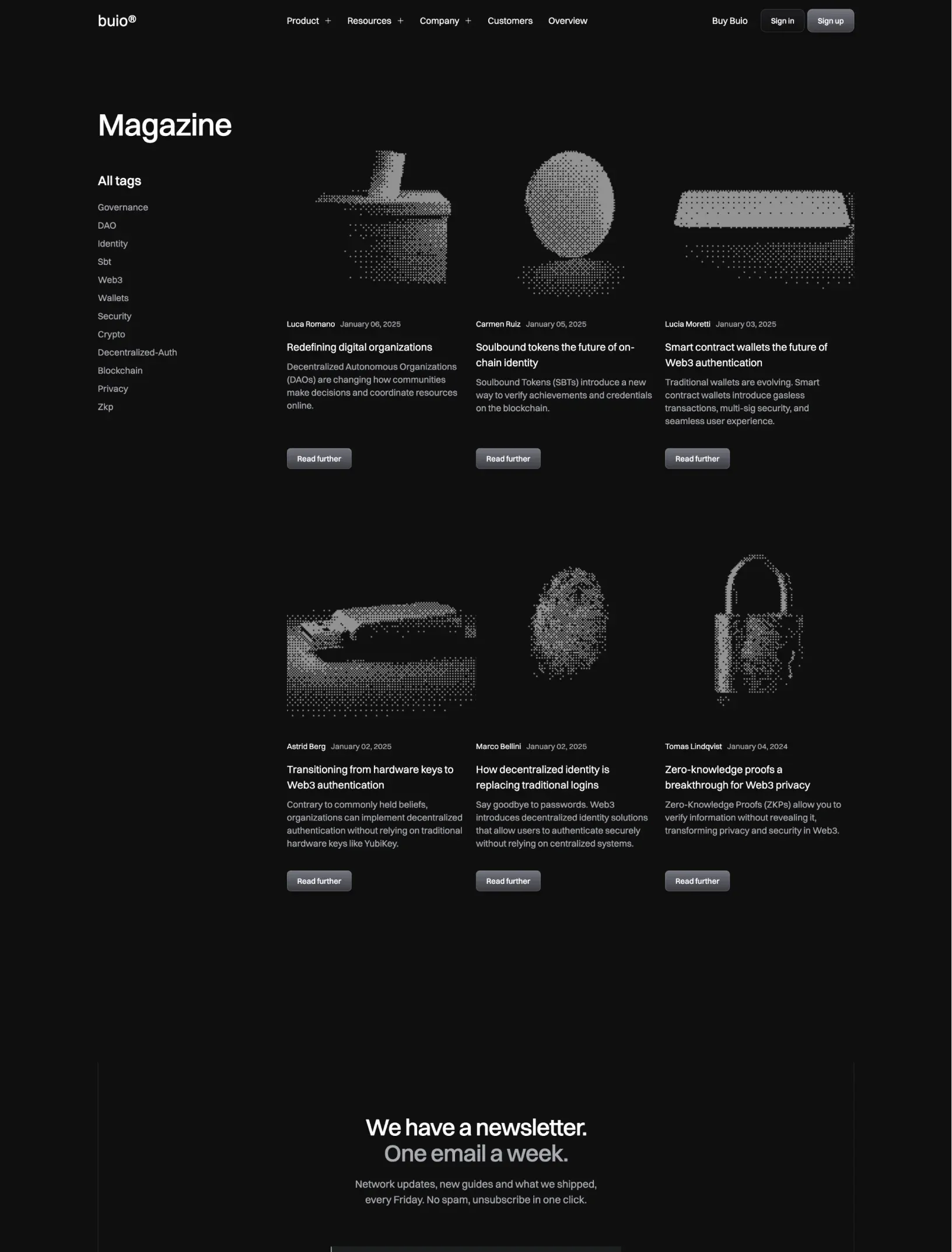 Buio magazine with the tag list beside six dithered blog covers and the newsletter call to action over a dithered terrain