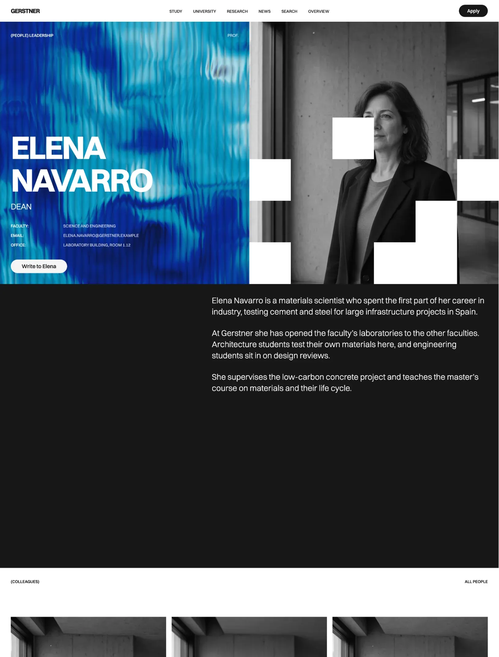 Gerstner person page for a dean with a blue shader, contact facts, a portrait and her biography