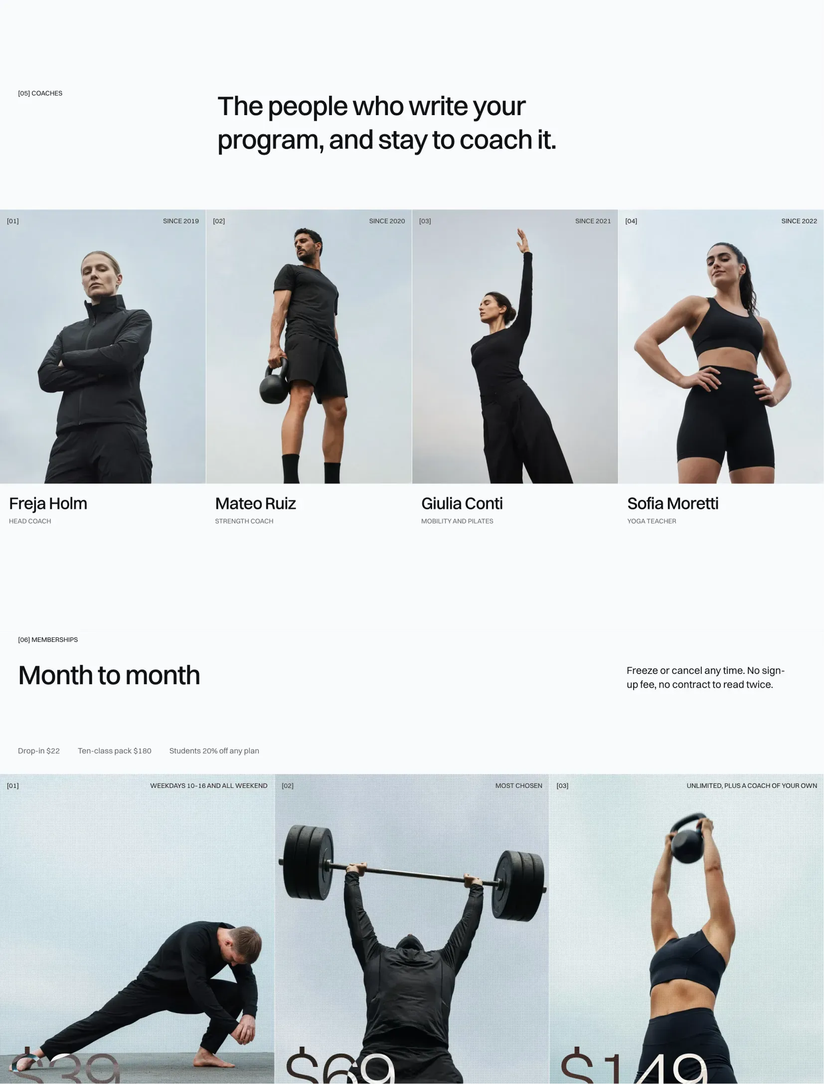 Coleman homepage classes section with the six classes listed beside a full height class photo