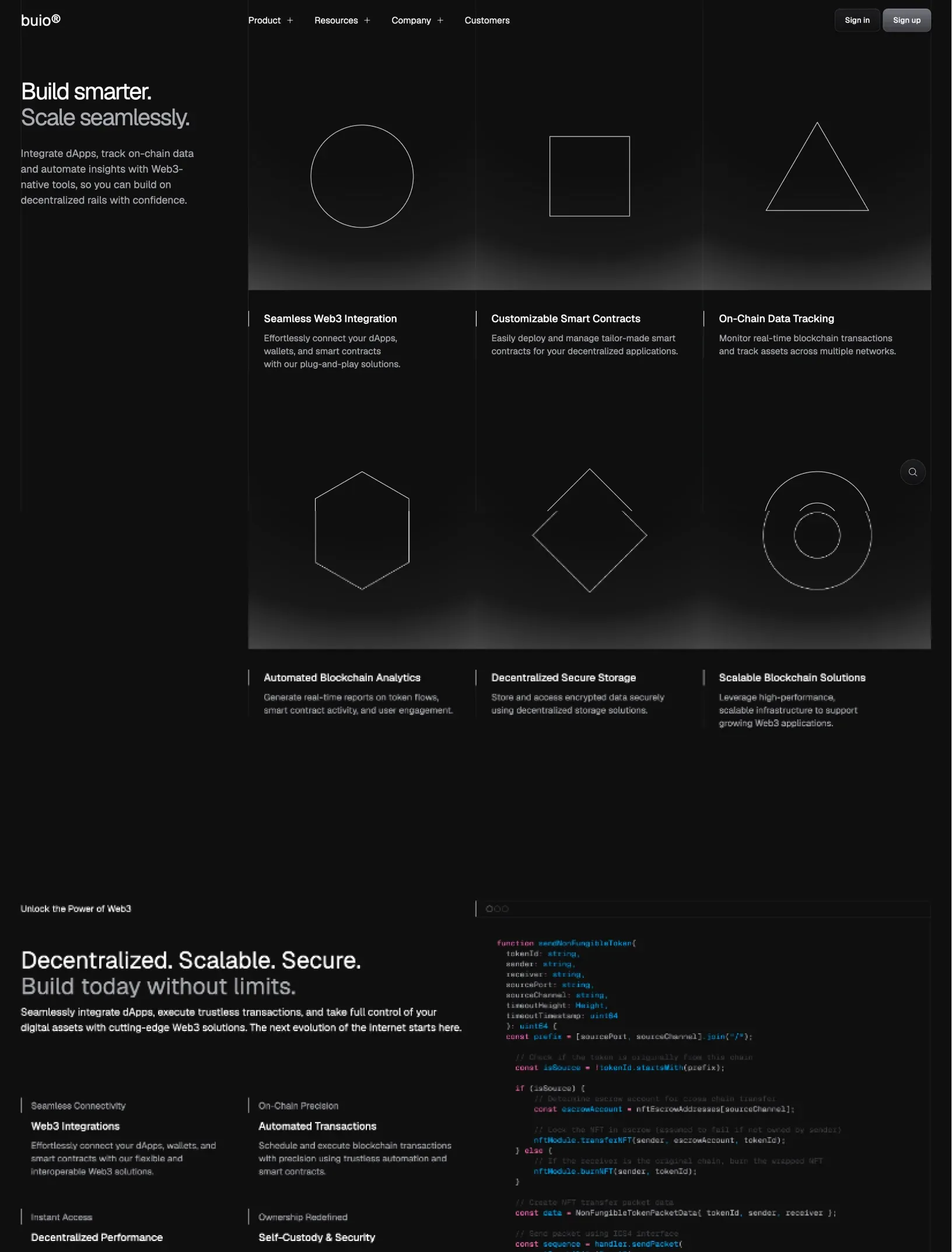 Buio home features with circle, square and triangle line shapes, hexagon, diamond and concentric circles below, and the start of the code feature