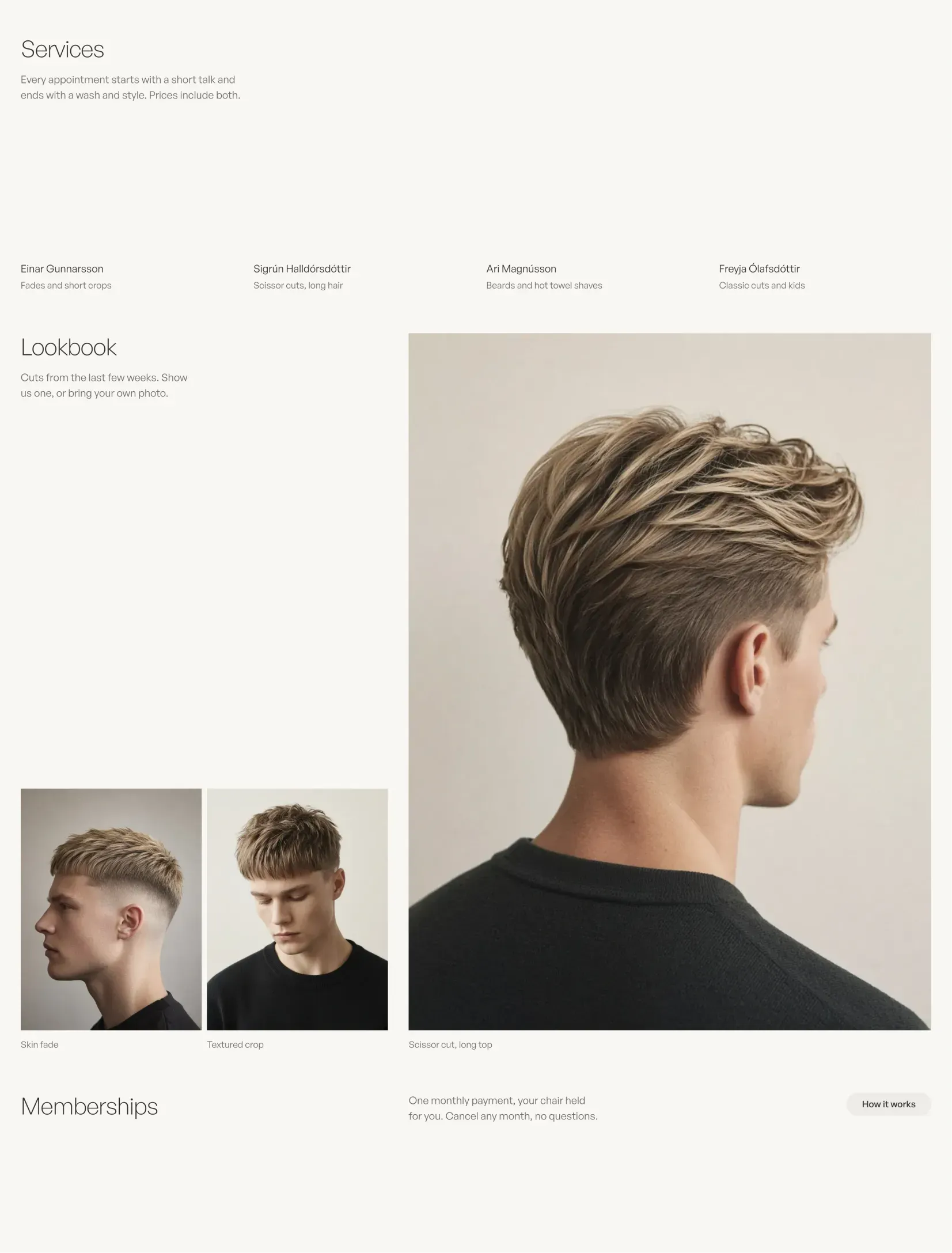 Duckbutt homepage barbers and lookbook with a large portrait crop and two small cut photos