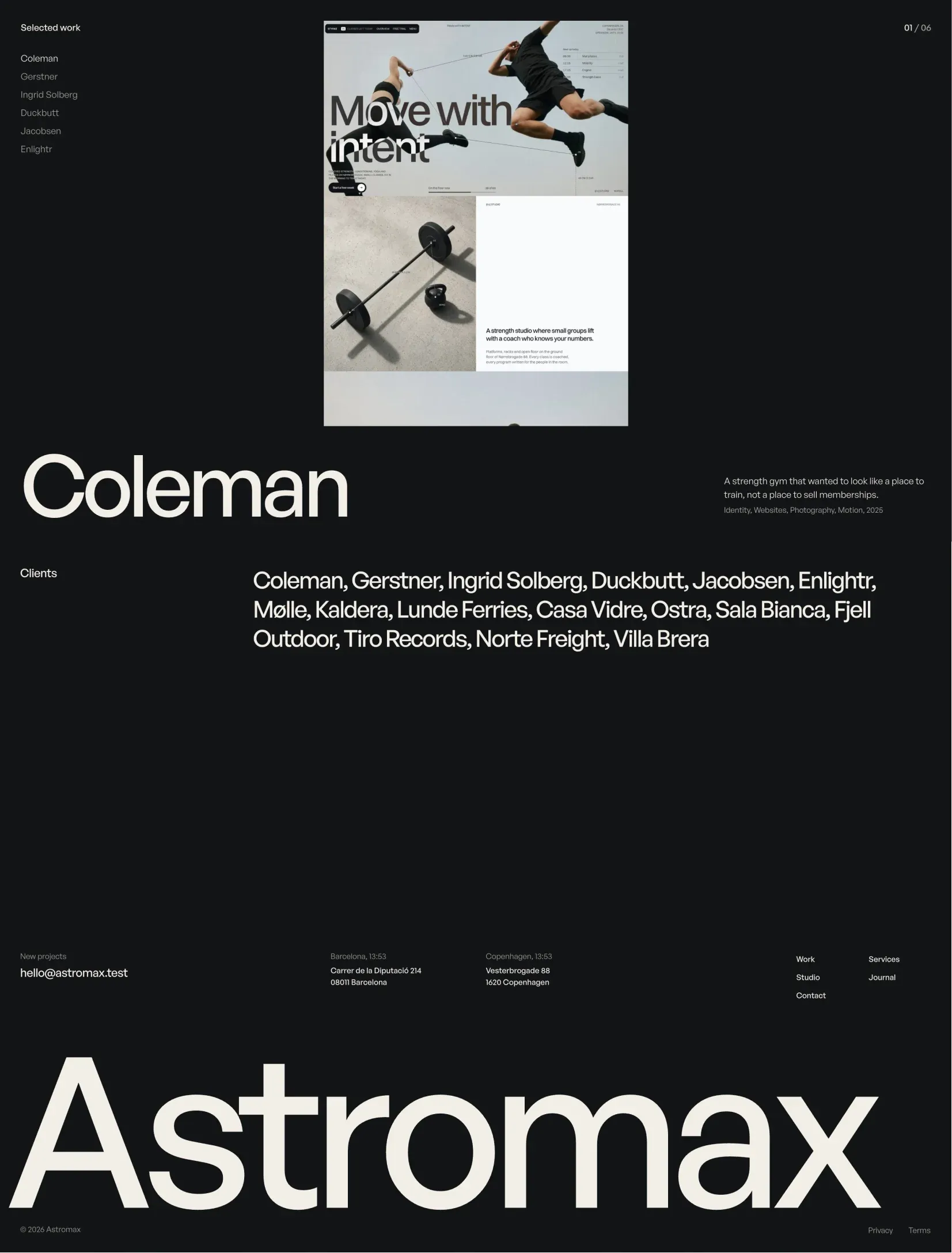 Astromax SP work showcase with the Coleman website in the middle, the name in large type below and the client list underneath