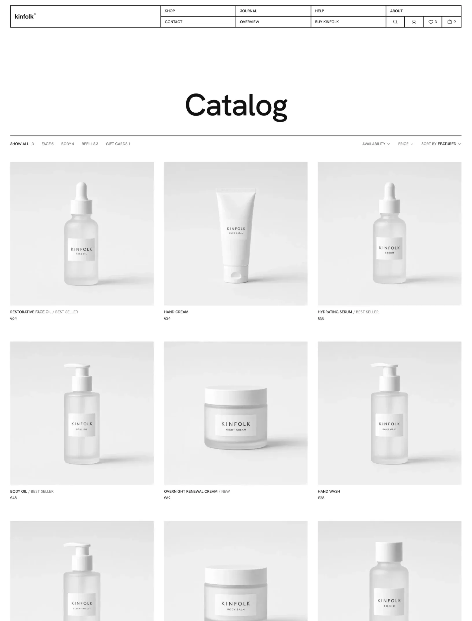 Kinfolk catalog with category tabs, availability, price and sort filters and a three column grid of packshots with names, best seller labels and prices