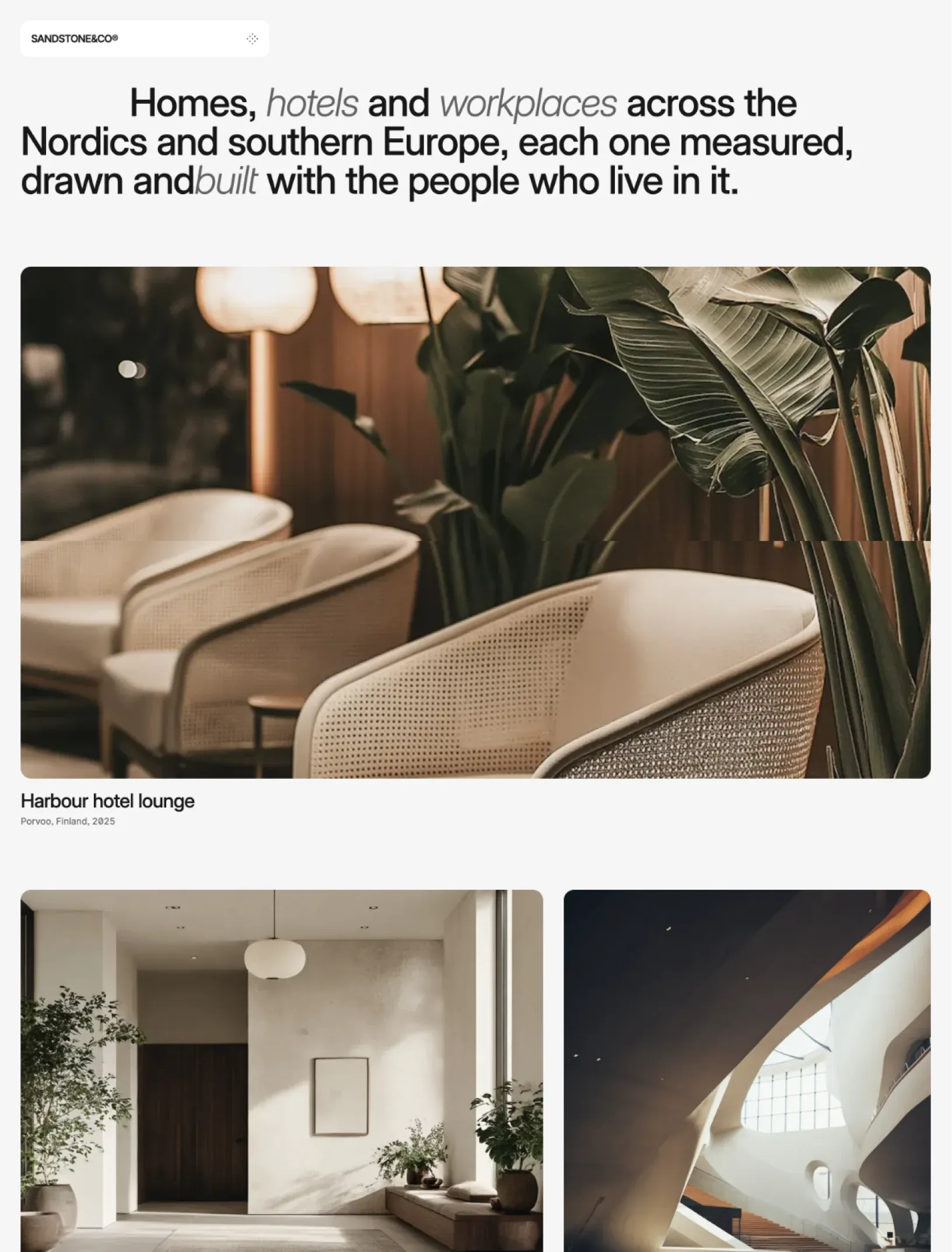 Sandstone projects index with the statement about homes, hotels and workplaces across the Nordics and southern Europe, the harbour hotel lounge as the featured project and two more projects below
