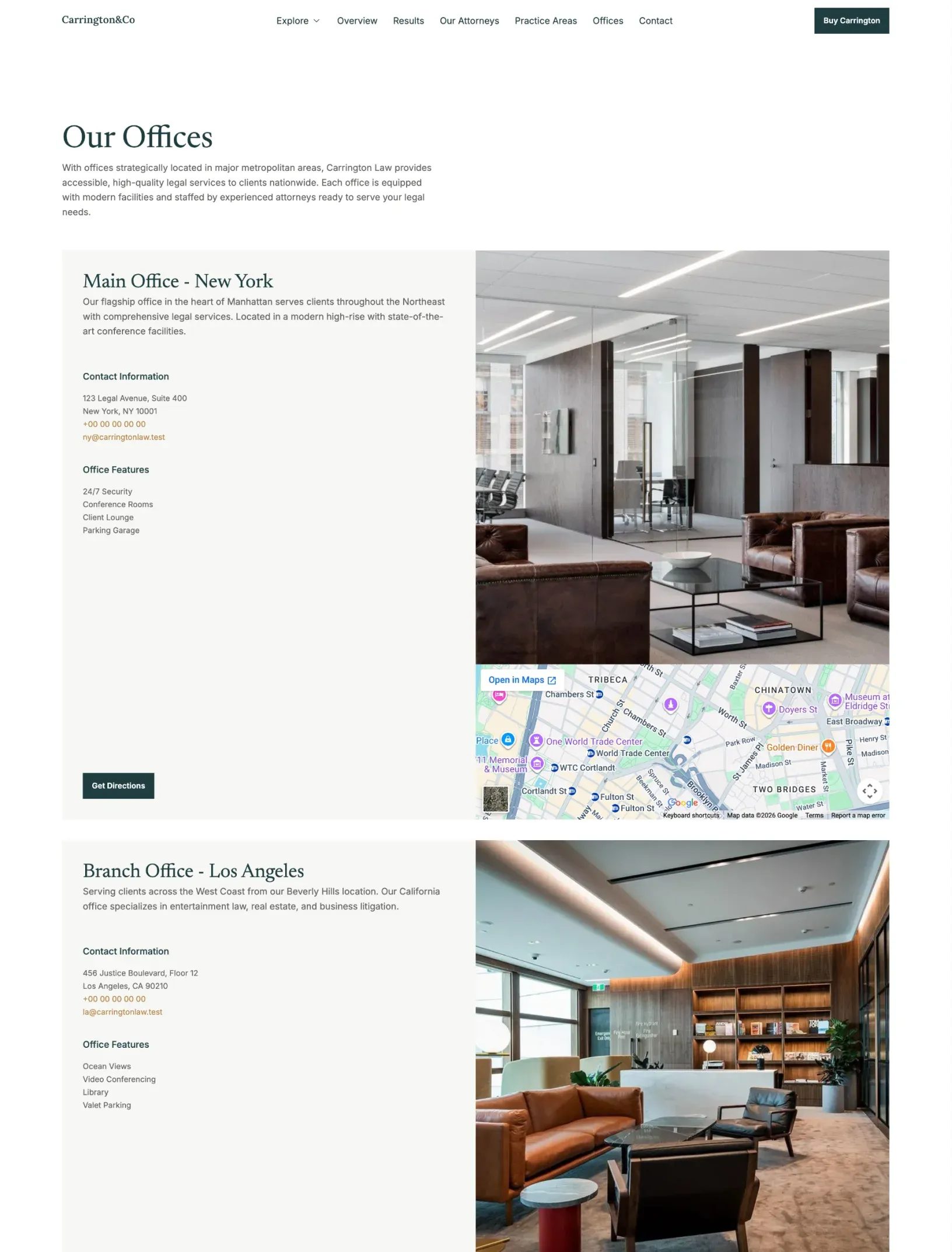 Carrington offices page with New York and Los Angeles office photos, contact details and a map