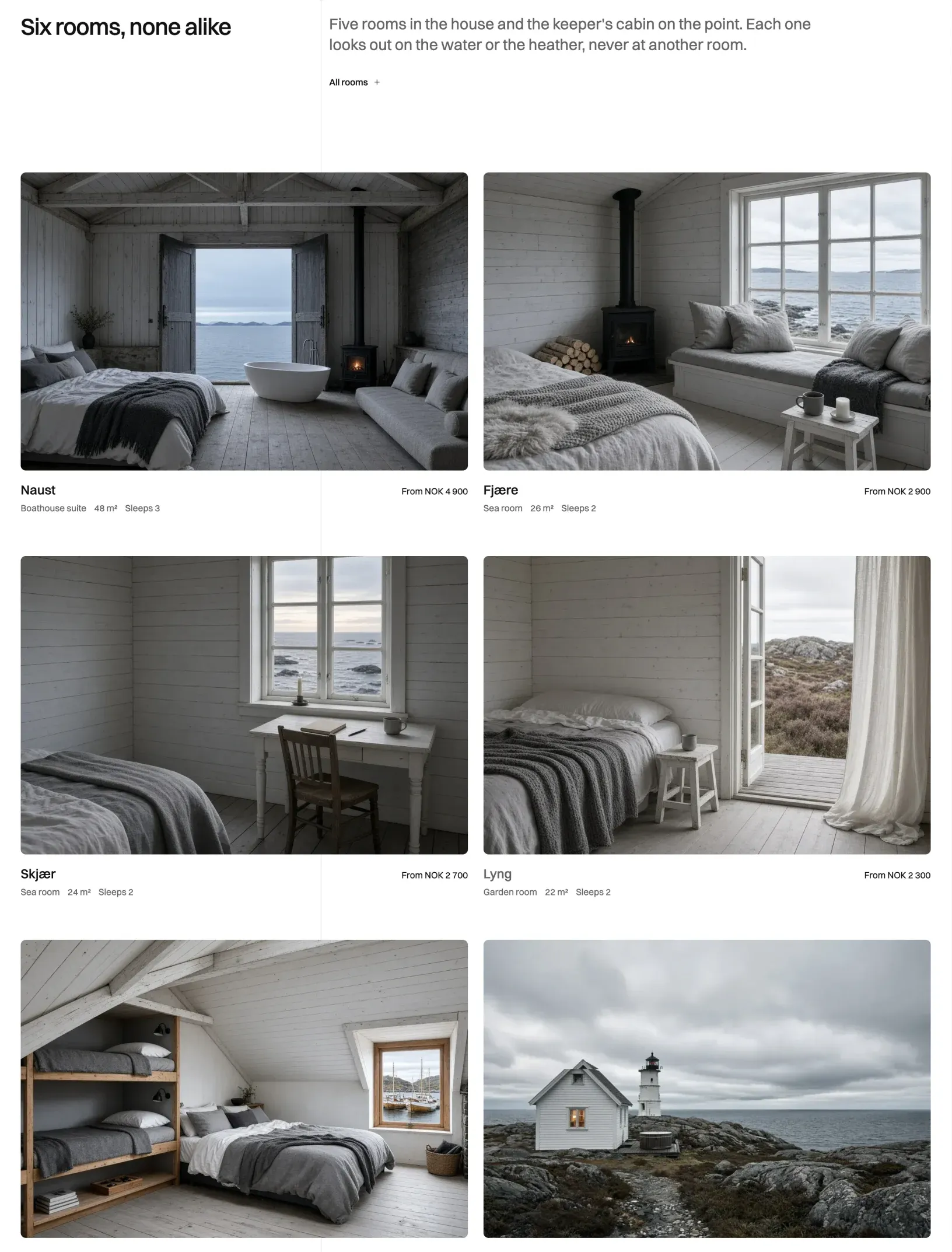 Author home page rooms grid with six photos of grey-washed timber rooms, each with its name, type, size and price