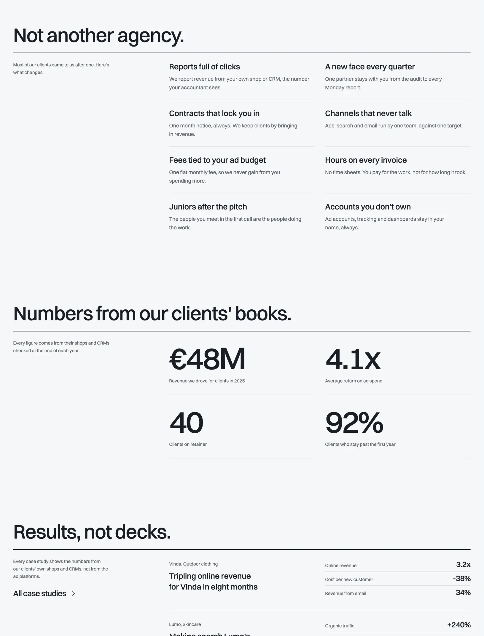 Kotei home sections: not another agency with eight ruled problems, numbers from clients' books with large figures such as 48 million euros and 4.1x, and case study results