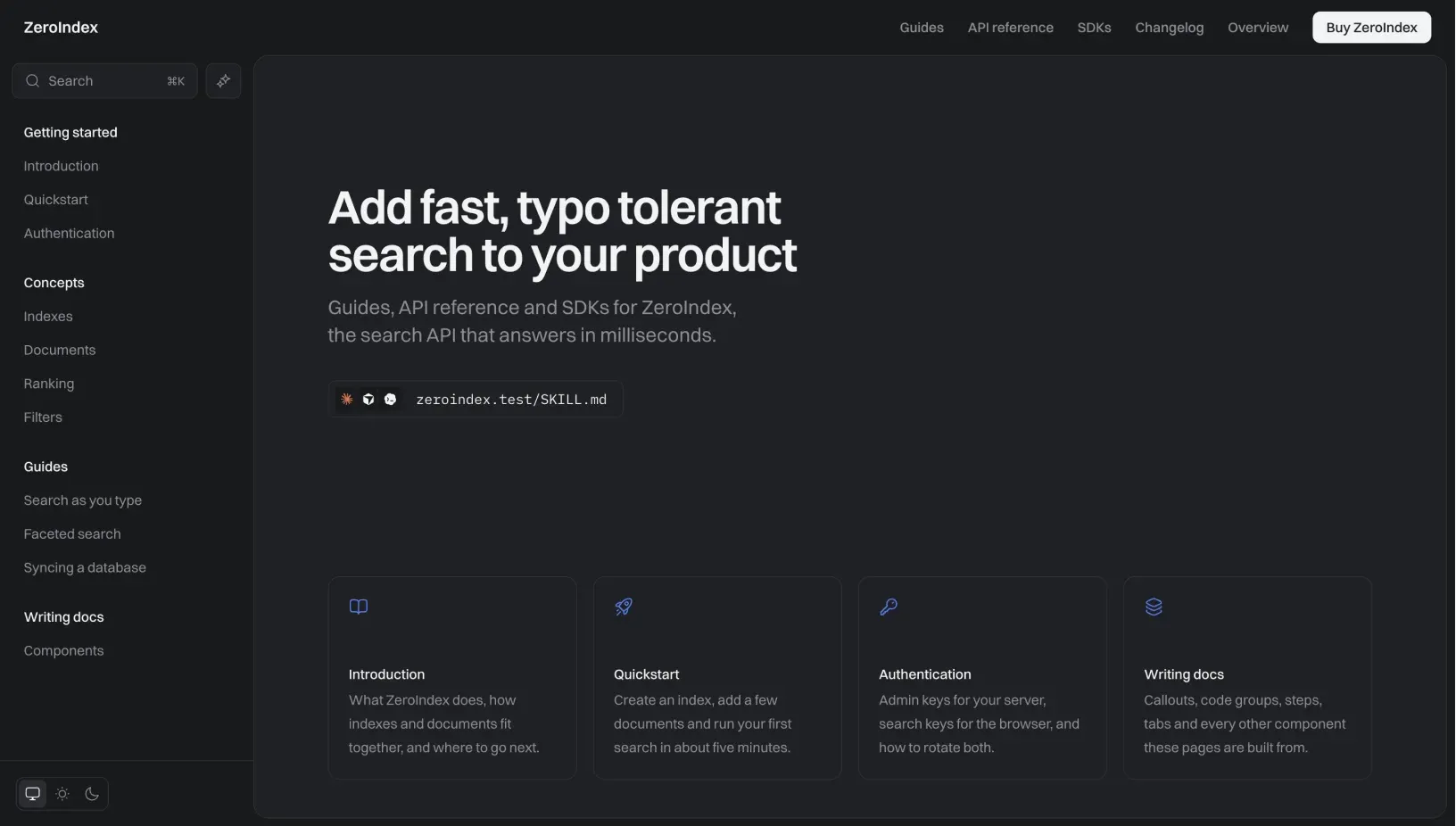 ZeroIndex home in dark mode, with the graphite sidebar, the search heading, the agent skill box and the four Start here cards
