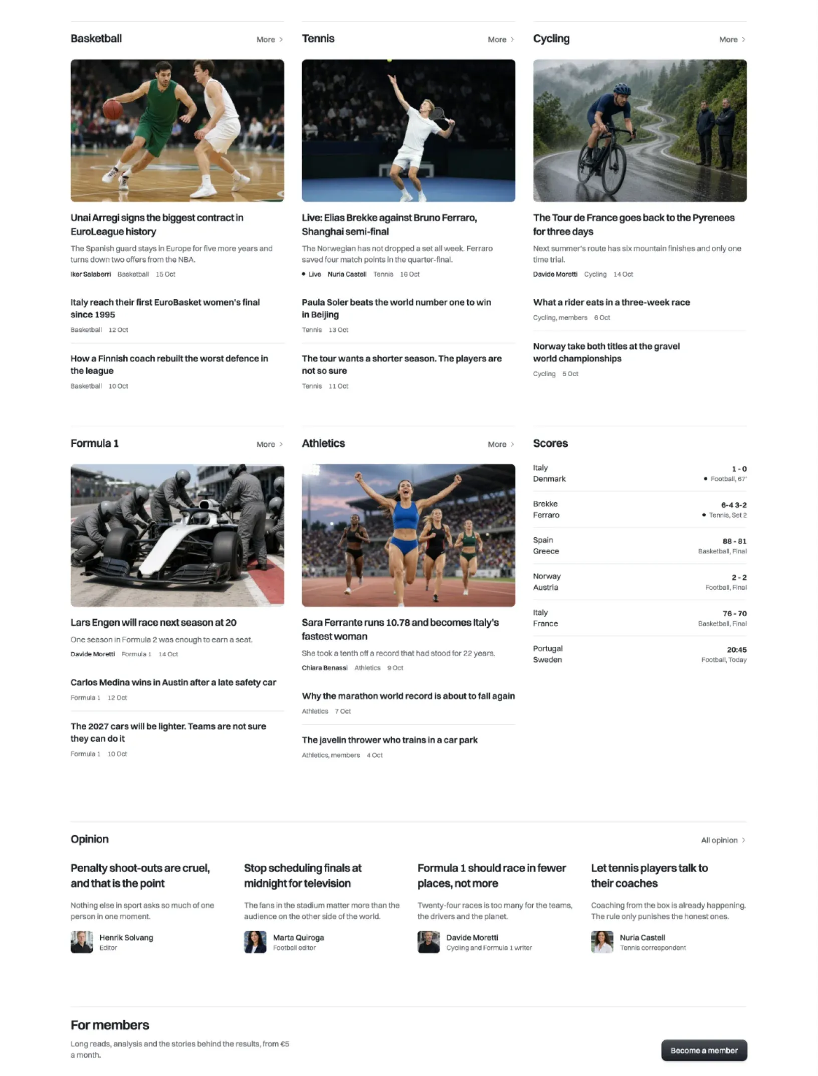 Phanatik home page sections for basketball, tennis, cycling, Formula 1 and athletics, each with a photo story and text rows, a scores list, an opinion row with writer avatars and the members call