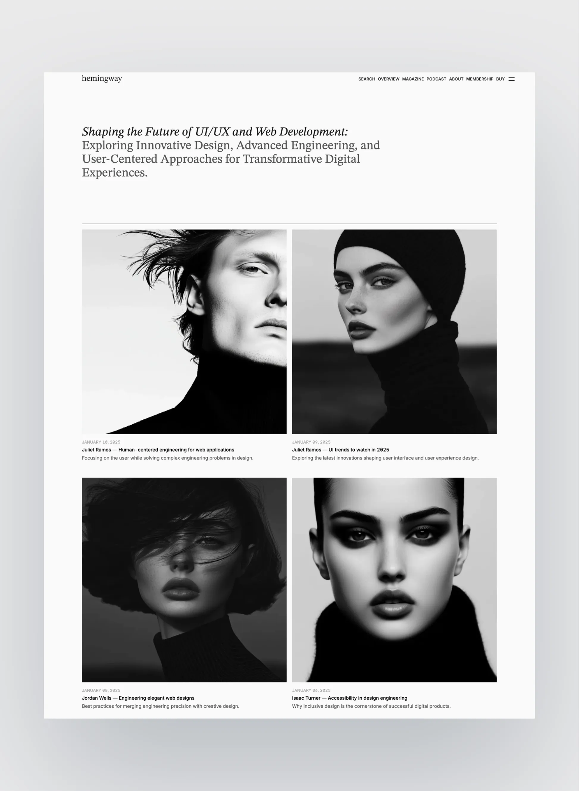 Hemingway podcast page layout