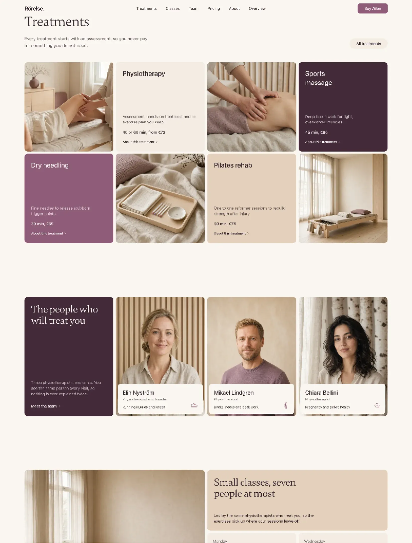 Ælen home treatments in photo and colour tiles, the three physiotherapists with their focus on pinned cards, and the start of the small classes section