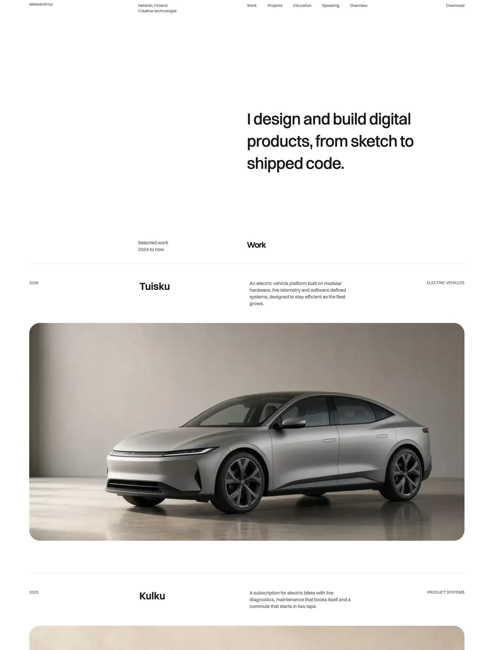 Prima Persona home in light mode with I design and build digital products as the intro, the Work section and Tuisku with a silver electric car