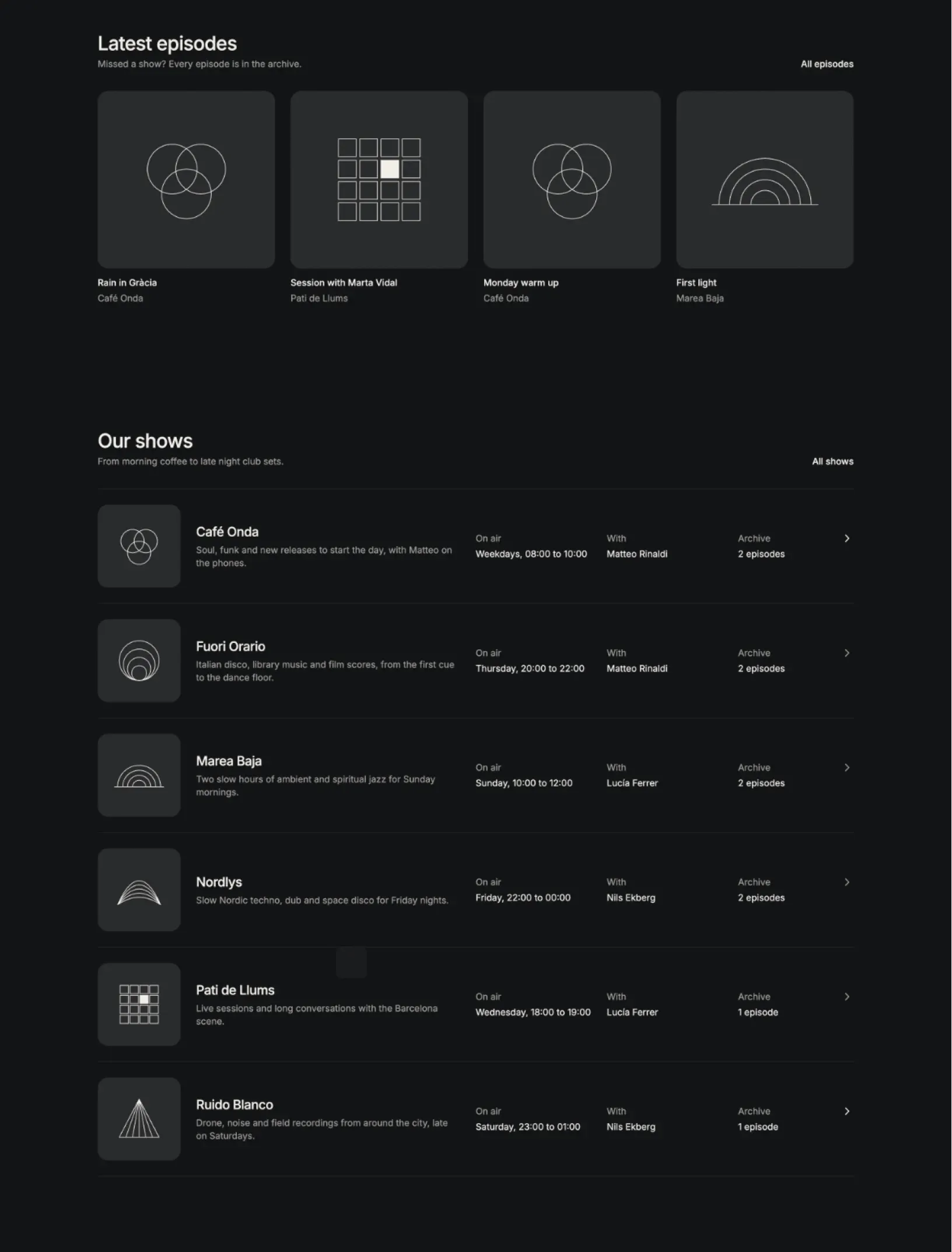 Streamer home page lower sections, latest episodes as four line drawn covers, then Our shows as rows with each show's cover, description, air time, host and episode count