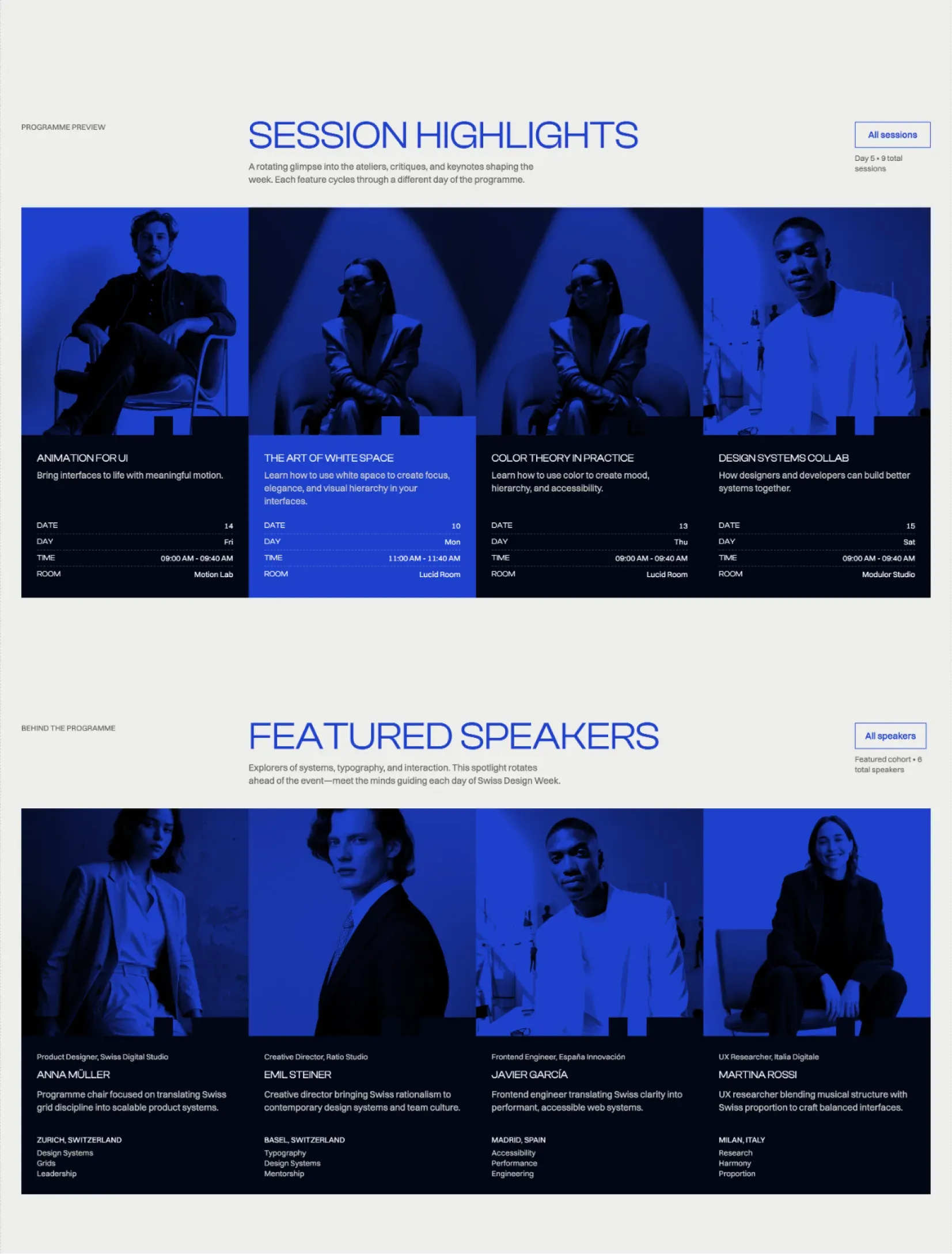 Dusk session highlights and featured speakers, duotone portraits on midnight cards with the date, day, time and room