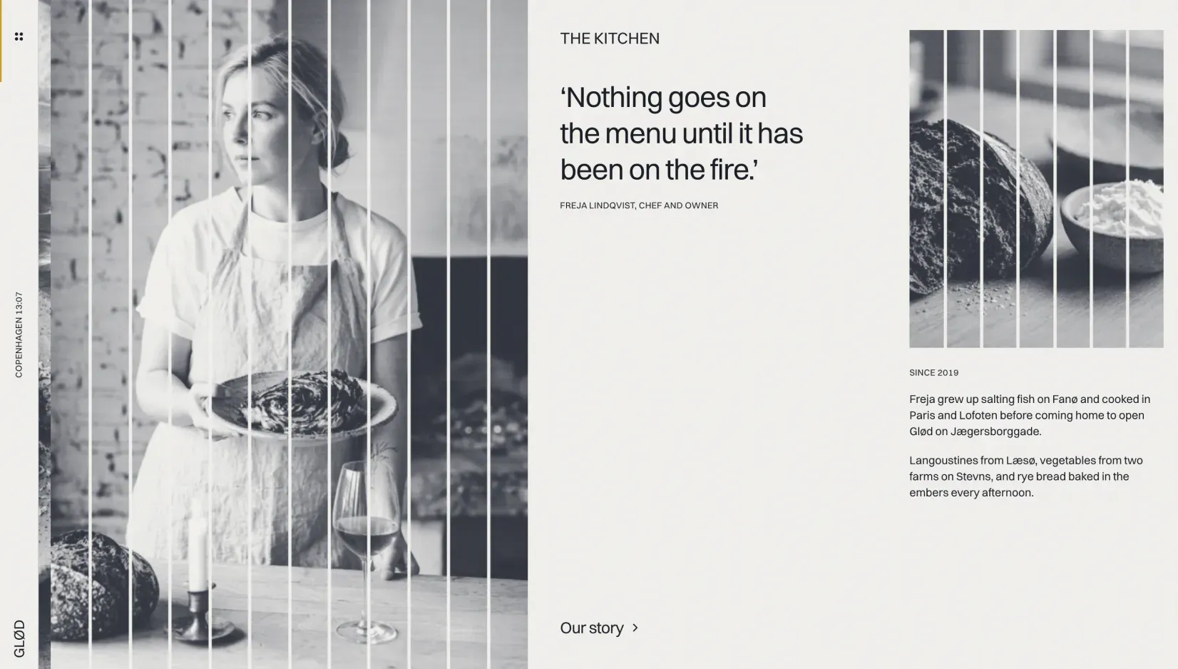 Ottis kitchen panel with a chef portrait, a pull quote and a short story about the restaurant