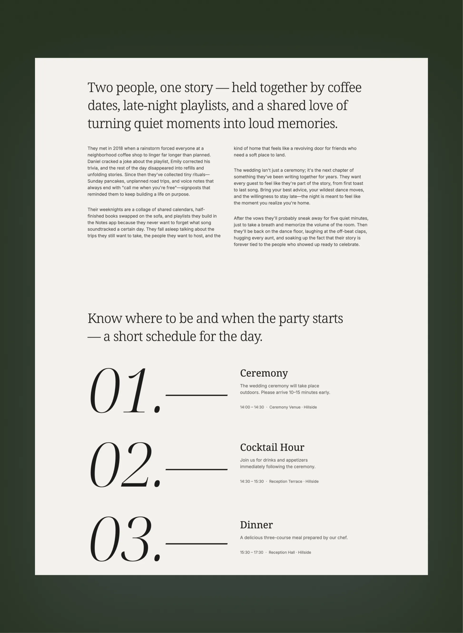 Northbound wedding day schedule layout