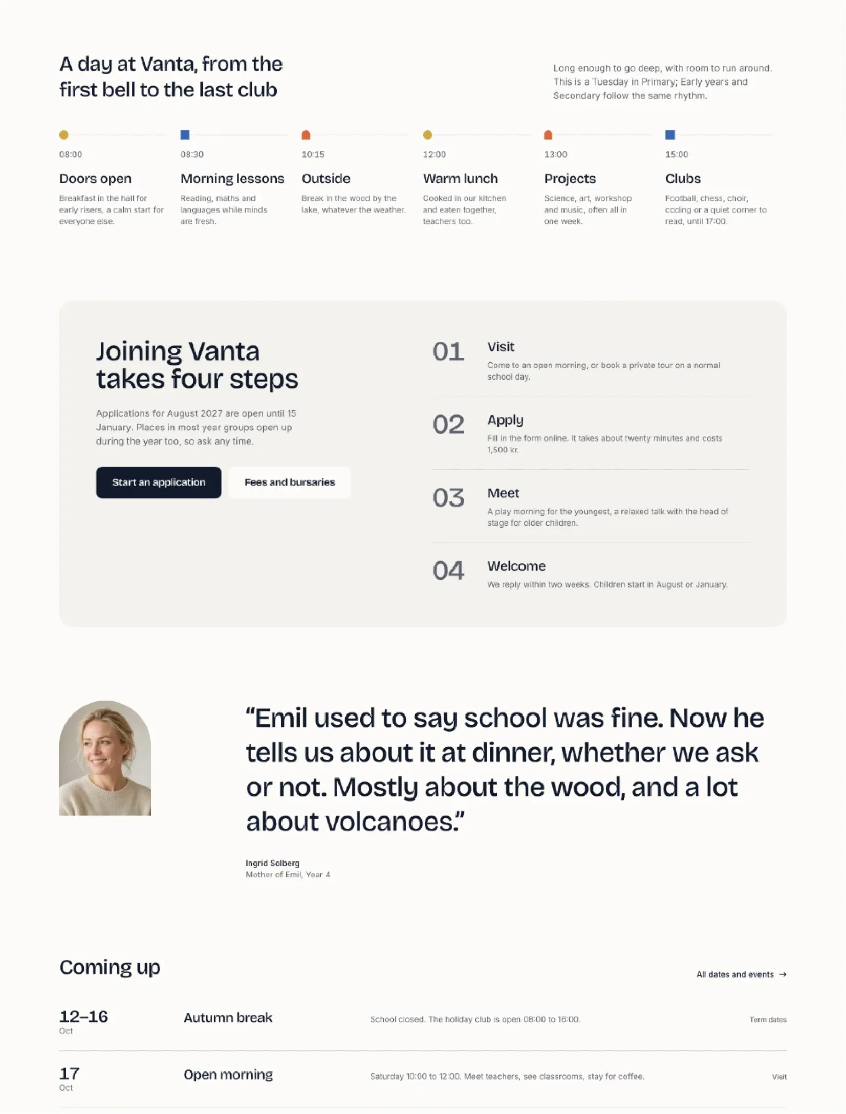 Vanta homepage with a day at school timeline, the four admissions steps and a parent quote
