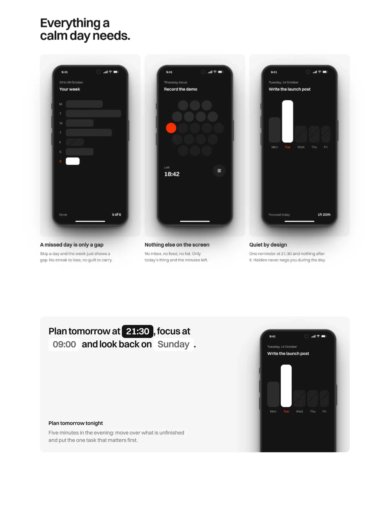 Halden features grid with three phones showing the week, a focus timer and today's task, and the pinned how it works section