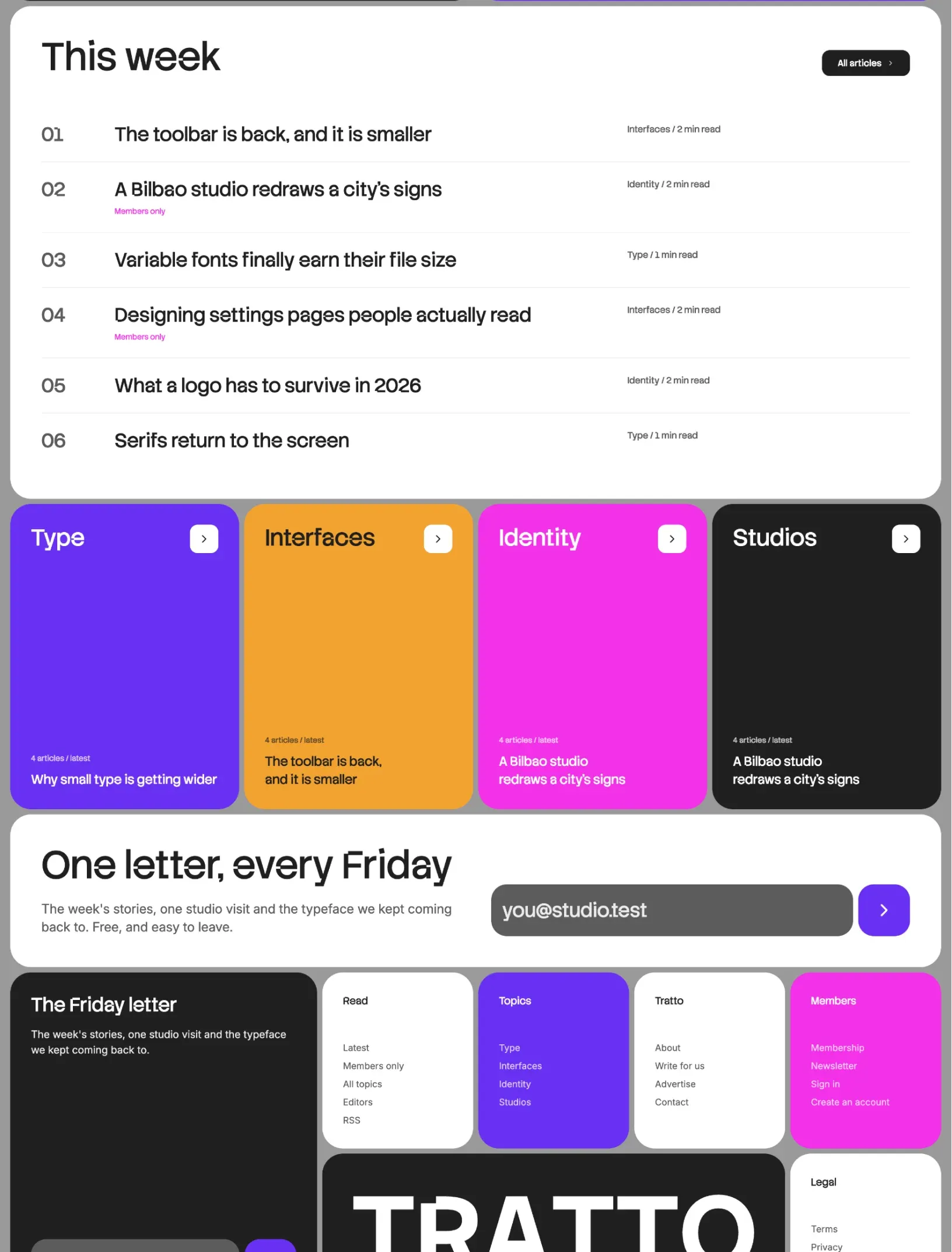 Snowpeak homepage This week list, four coloured topic cards and the Friday letter signup above the bento footer