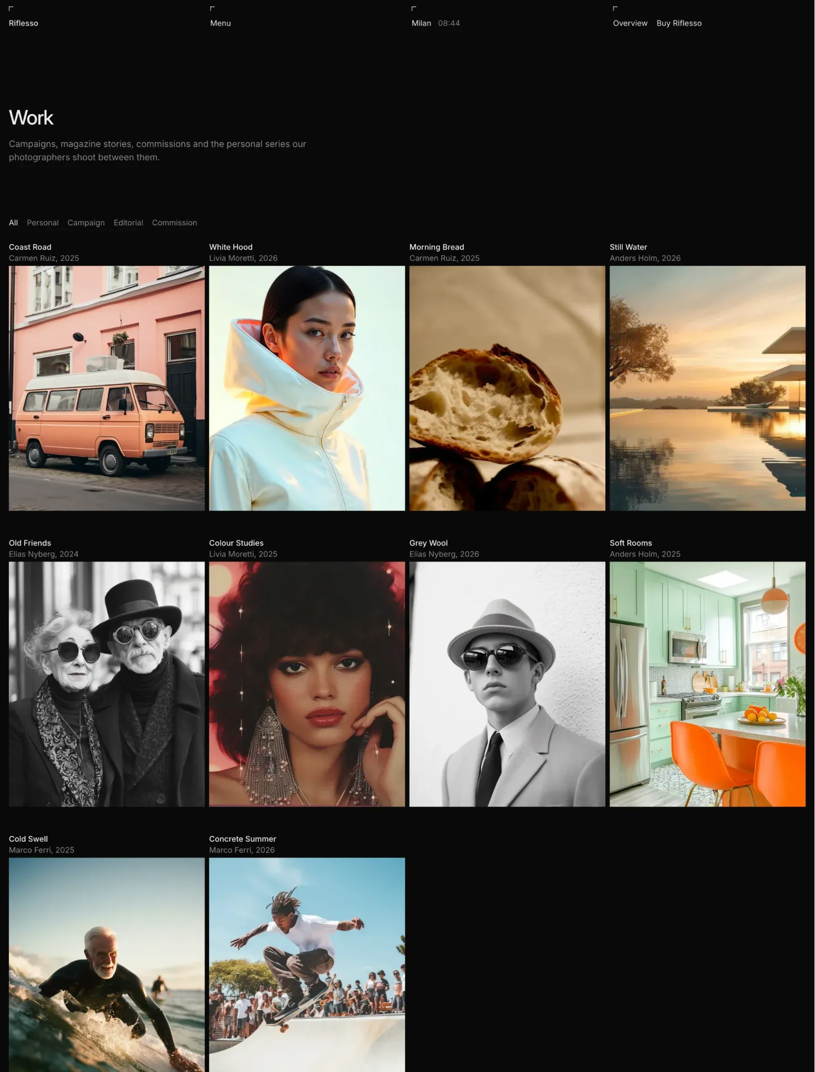 Riflesso work index with the All, Personal, Campaign, Editorial and Commission filter and a four column grid of series with the title and photographer above each cover
