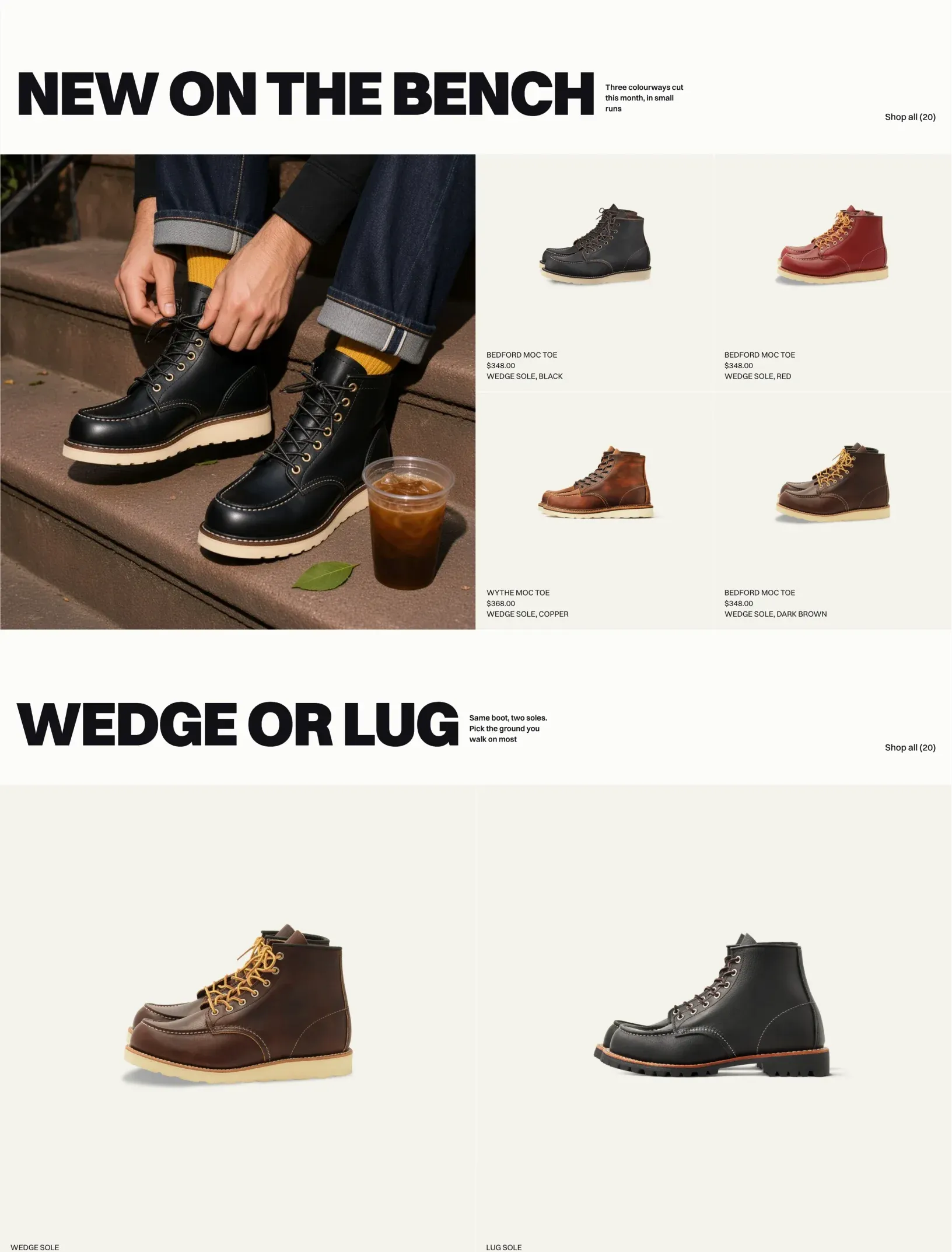 Williamsburg home with New on the bench, a photo of black moc toes laced on a stoop beside four product tiles, and Wedge or lug with the two sole tiles