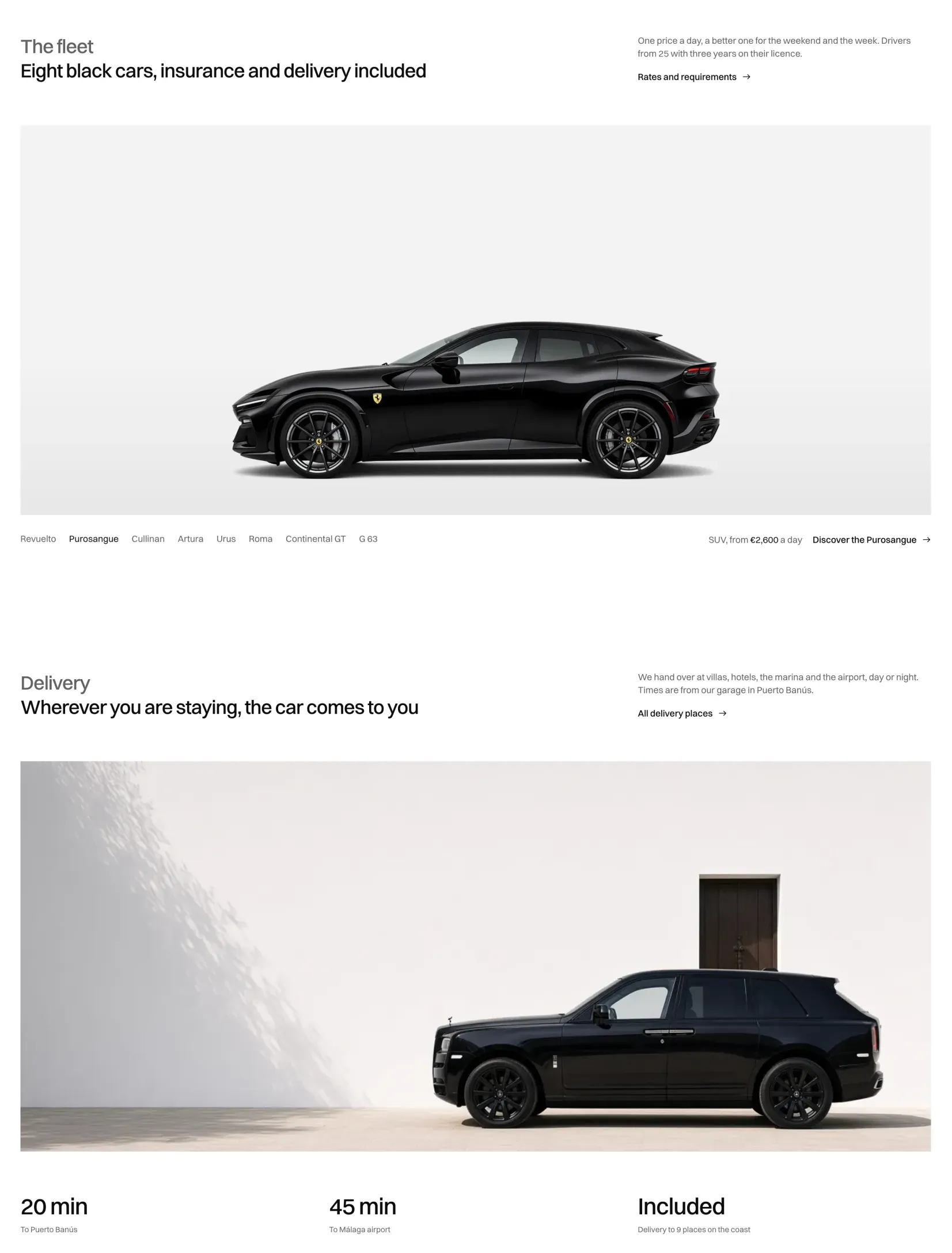Jacobsen homepage fleet section with one car in a wide studio panel and the models to switch it