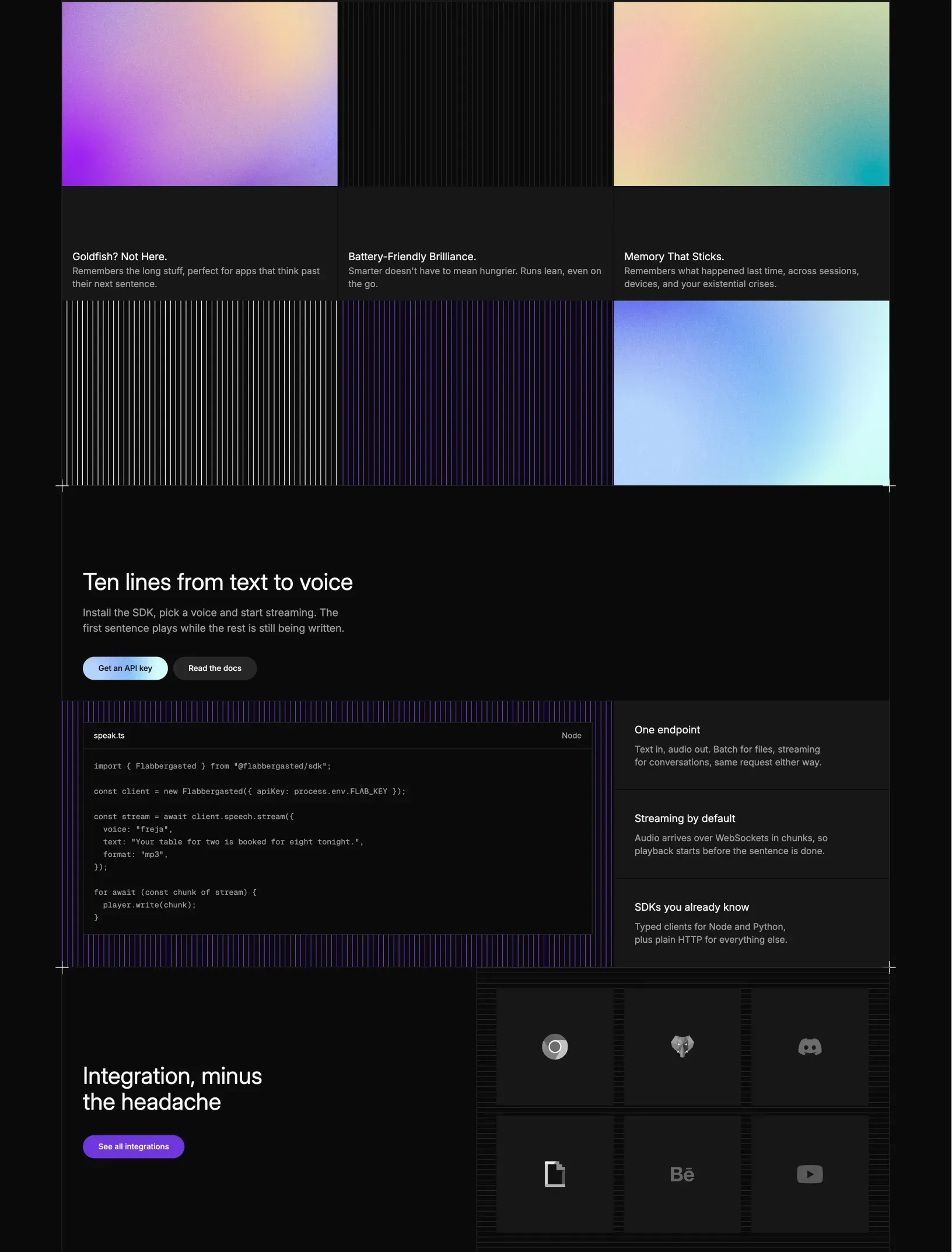 Flabbergasted home with the end of the feature grid, Ten lines from text to voice with a streaming code window beside three developer points, and the integrations call to action