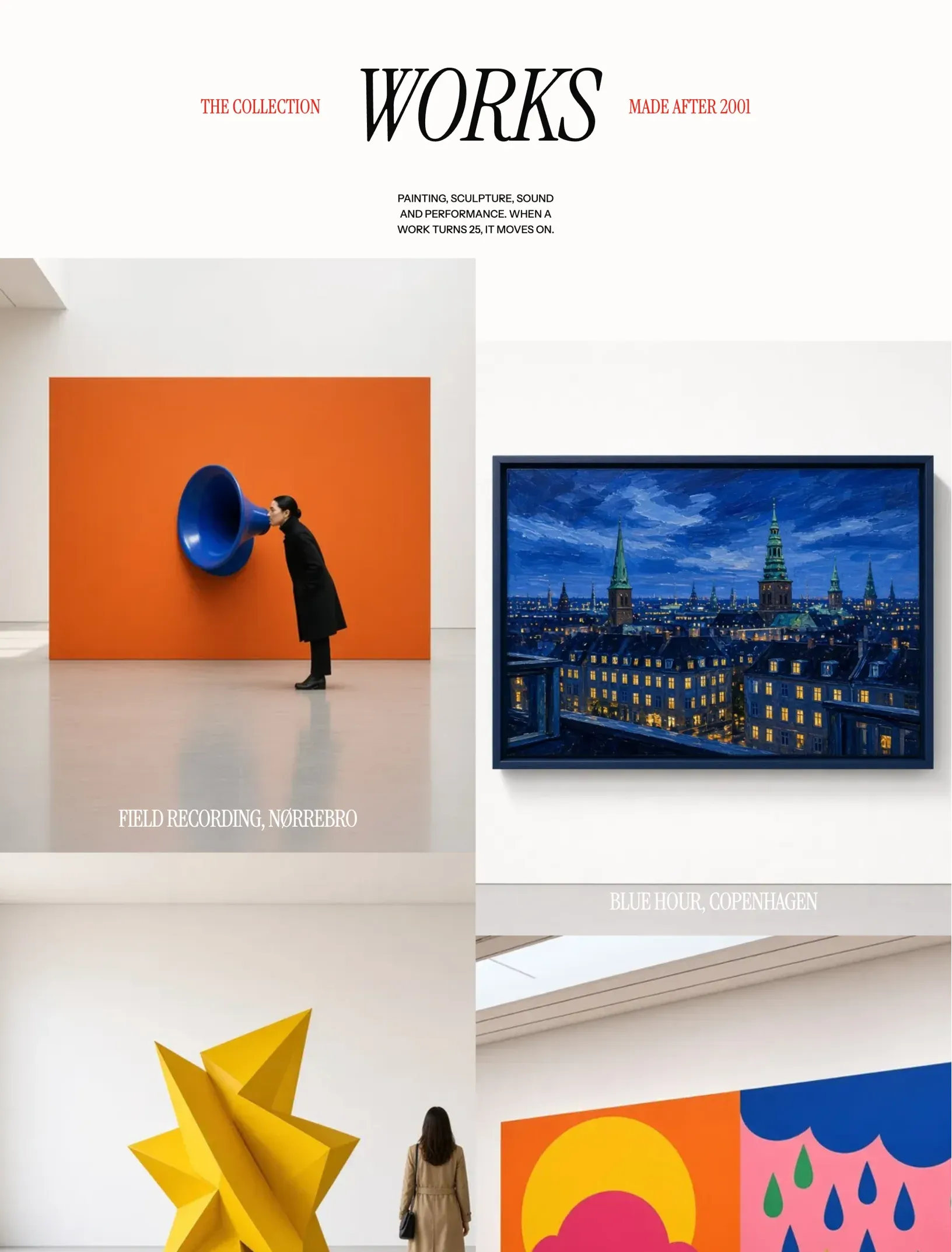 Offcut home with the Works title between two red labels, then a two column grid of works: a visitor listening to a giant blue horn on an orange wall, a night painting of Copenhagen rooftops and a yellow sculpture