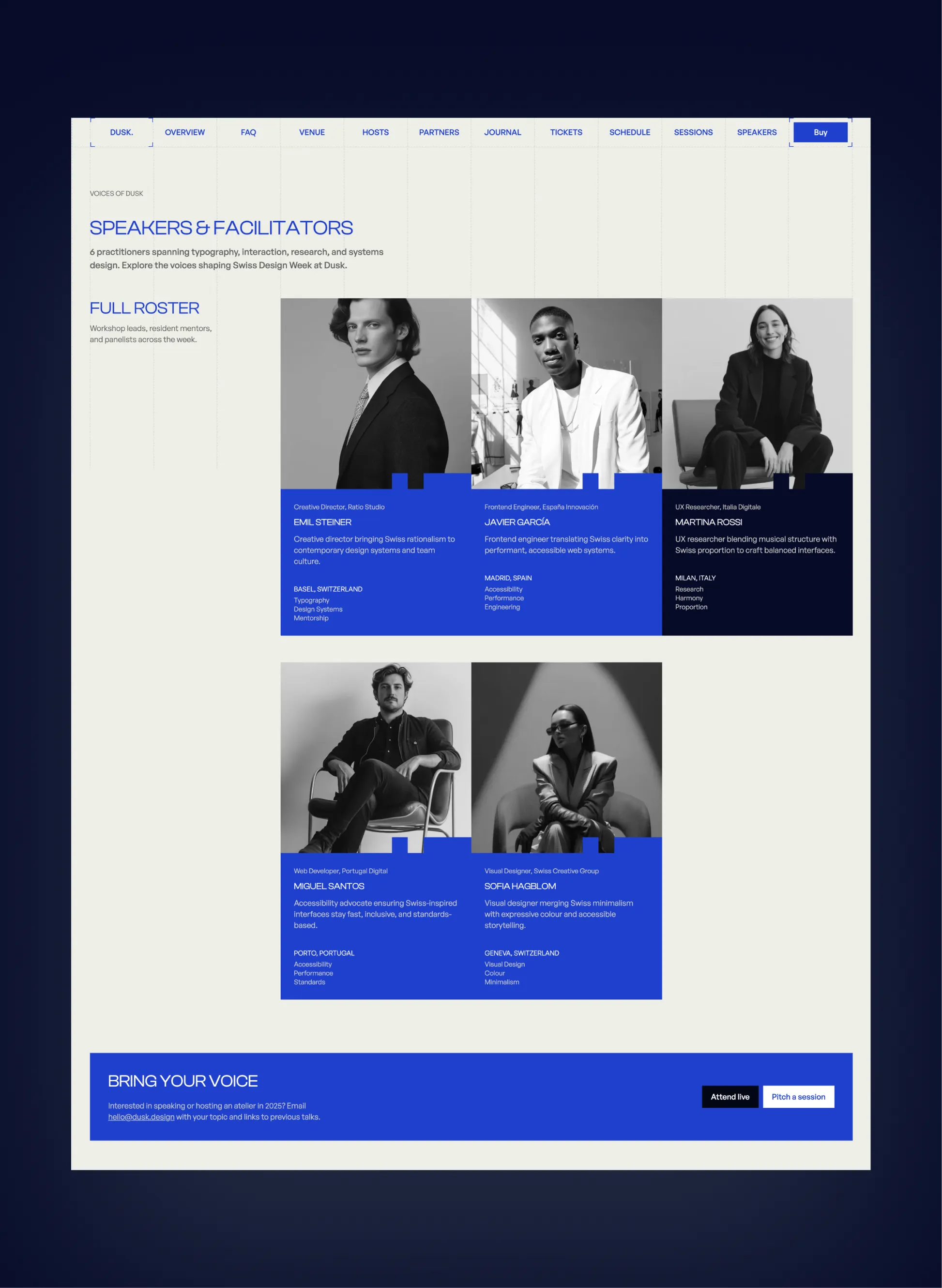 Dusk event schedule and speaker listing layout