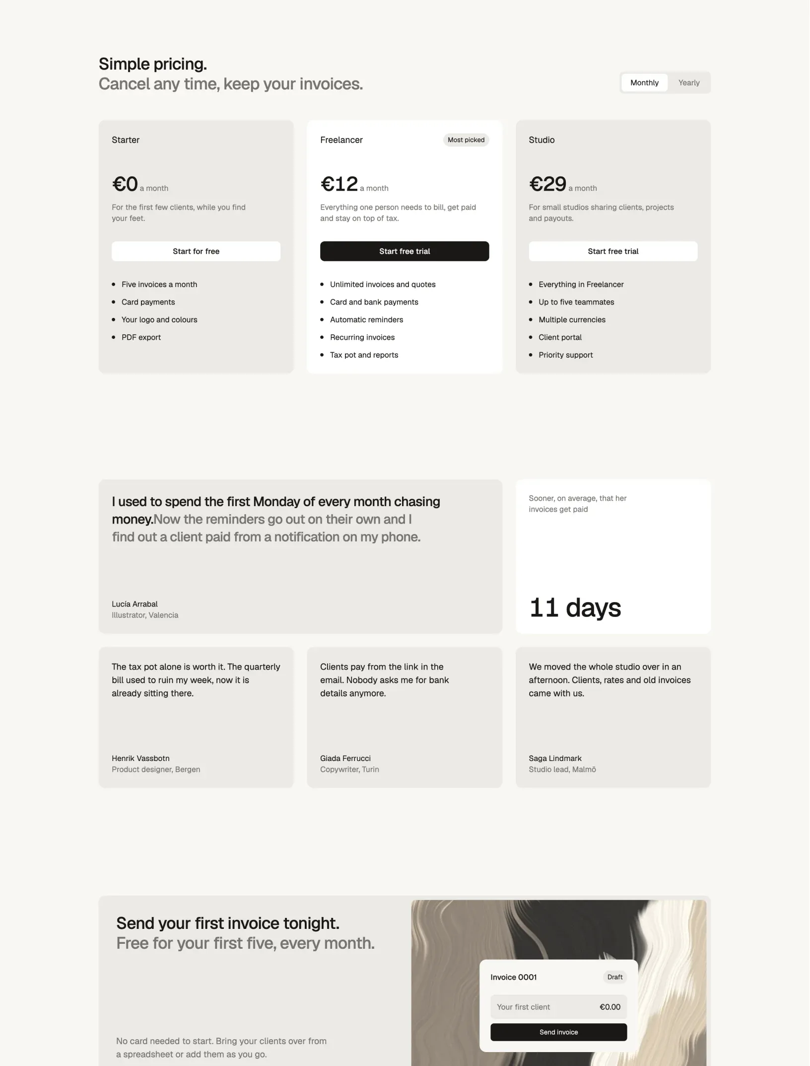 Brightlight pricing with Starter, Freelancer and Studio plans and a monthly or yearly switch, freelancer testimonials and a call to action with a draft invoice