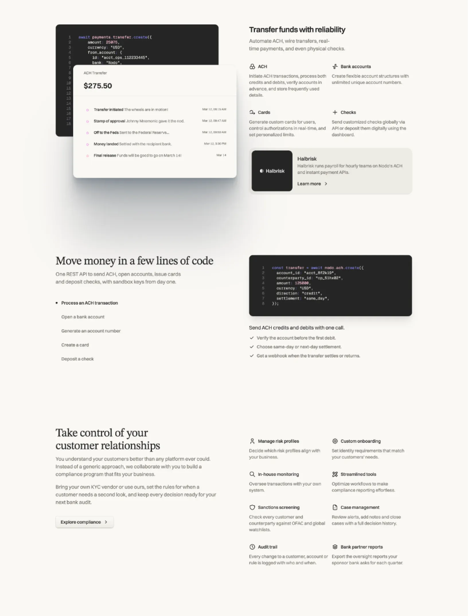 Spaziobianco homepage sections with a transfer timeline, payment features and a code walkthrough