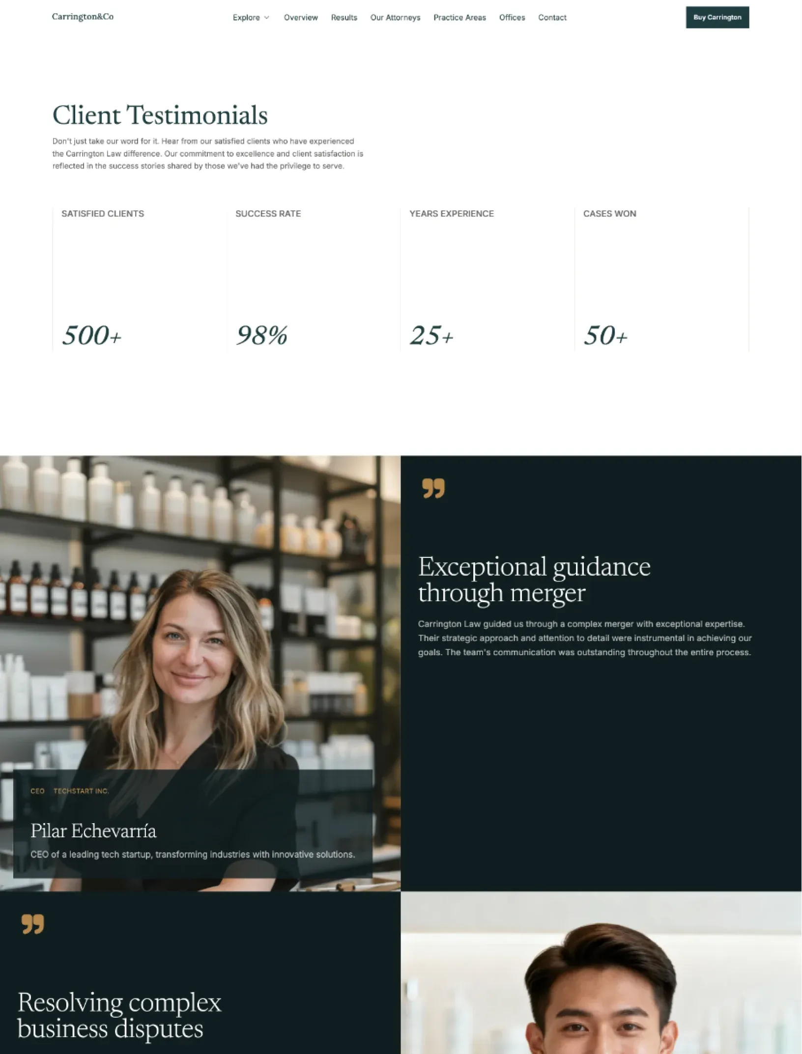 Carrington client testimonials with italic stats and portrait stories on dark teal panels