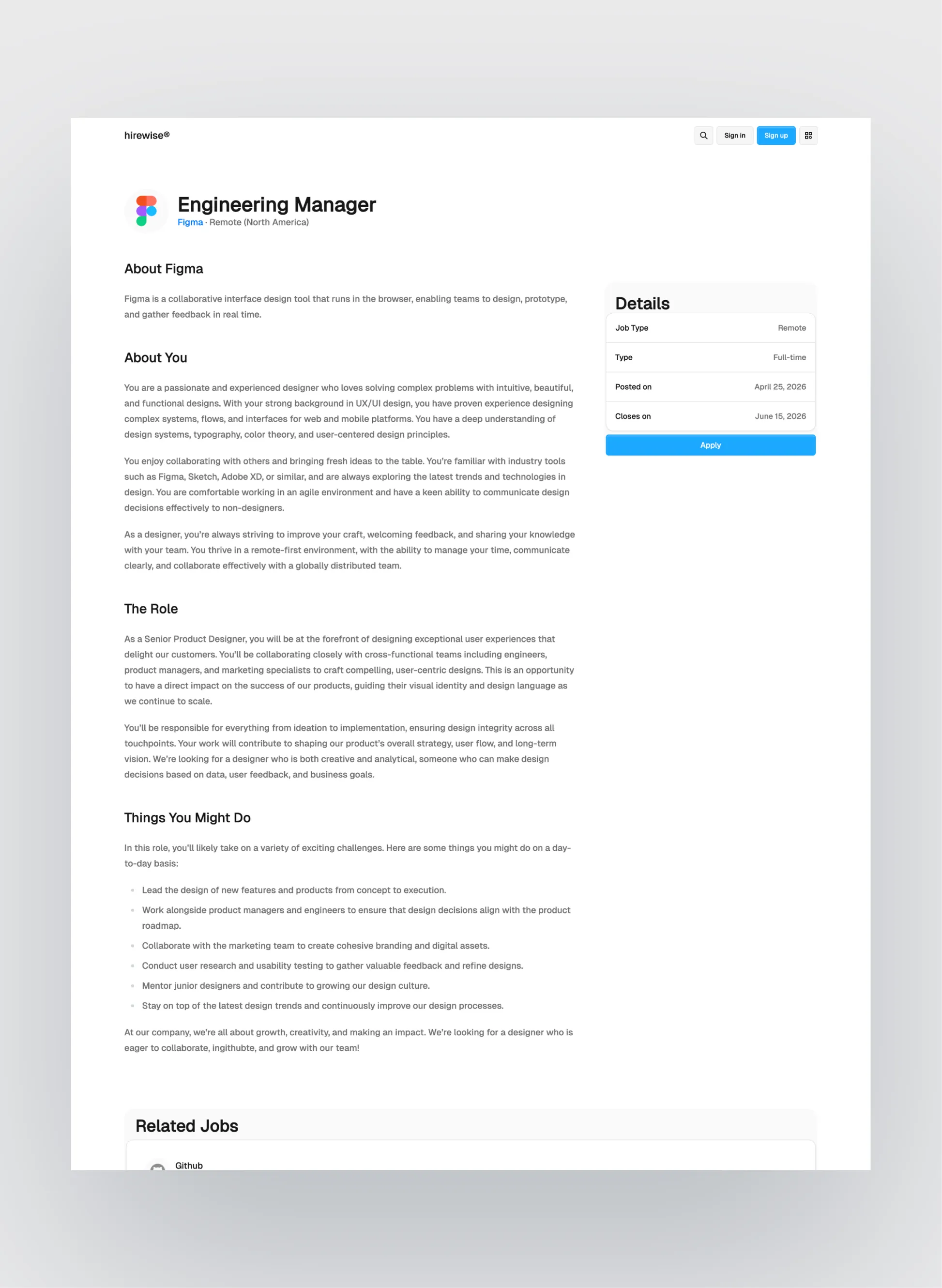 Hirewise job details layout