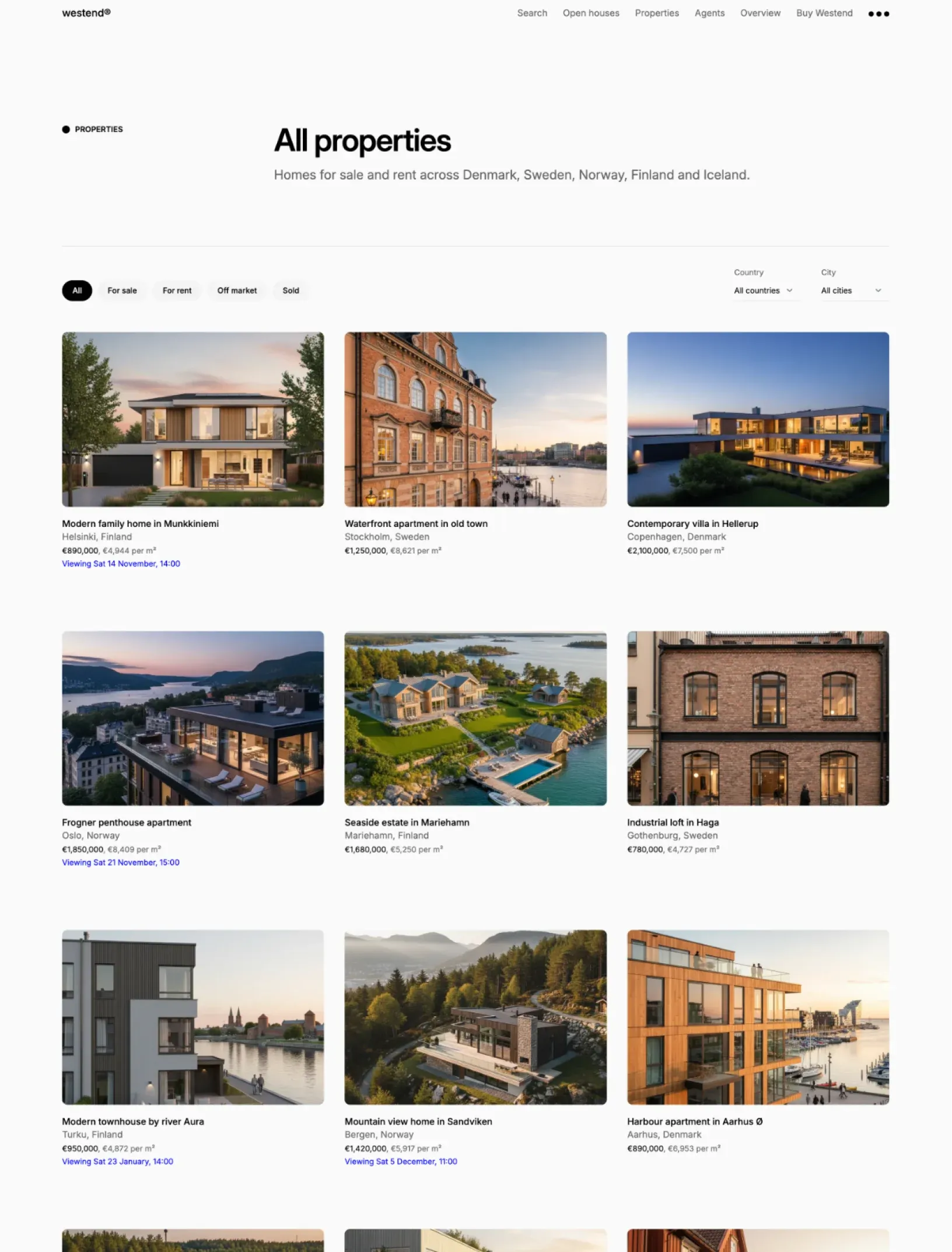 Westend properties index with status pills, country and city filters and listing cards with price per m² and viewing dates