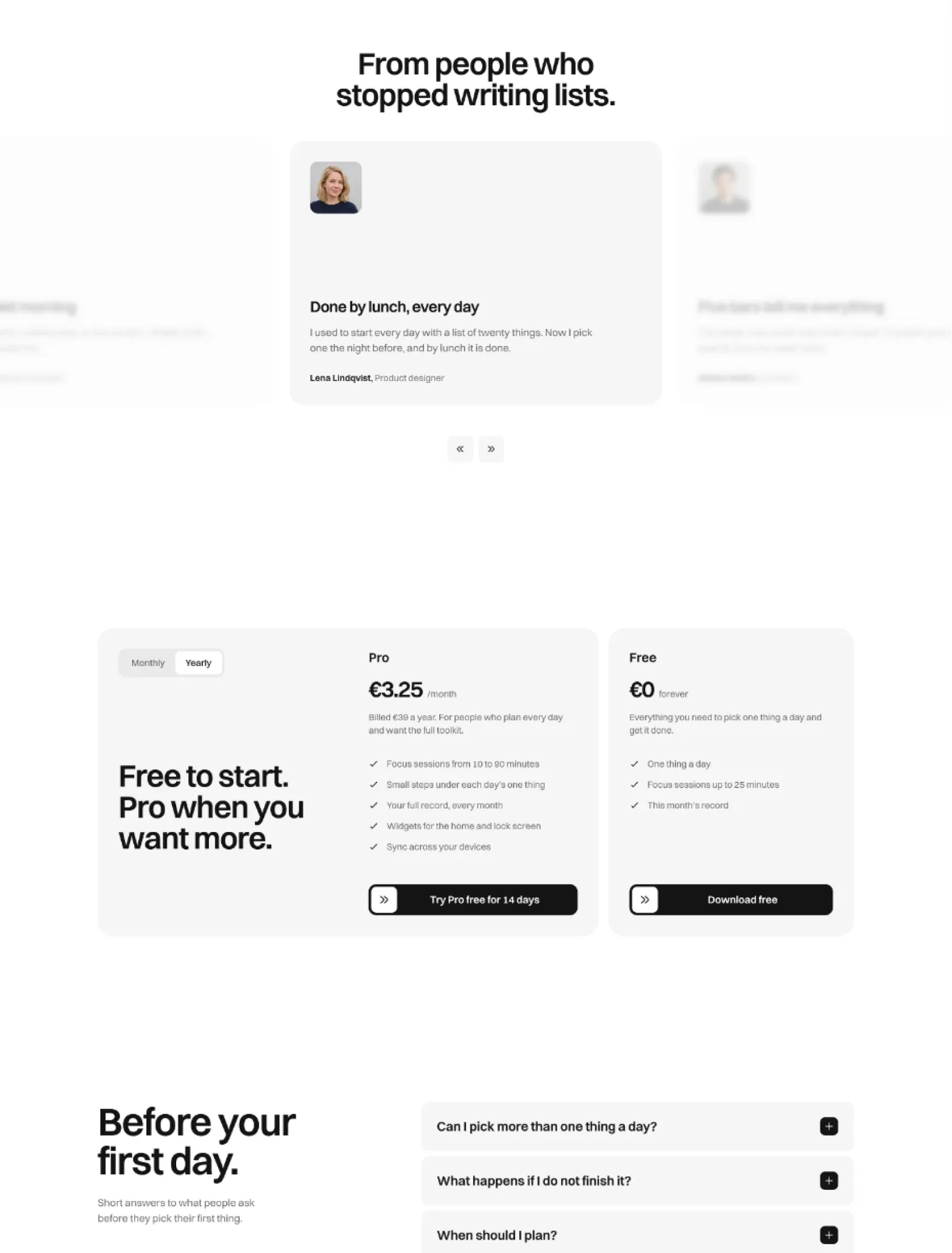 Halden reviews carousel with the active review in focus, monthly and yearly pricing for Pro and Free, and the FAQ