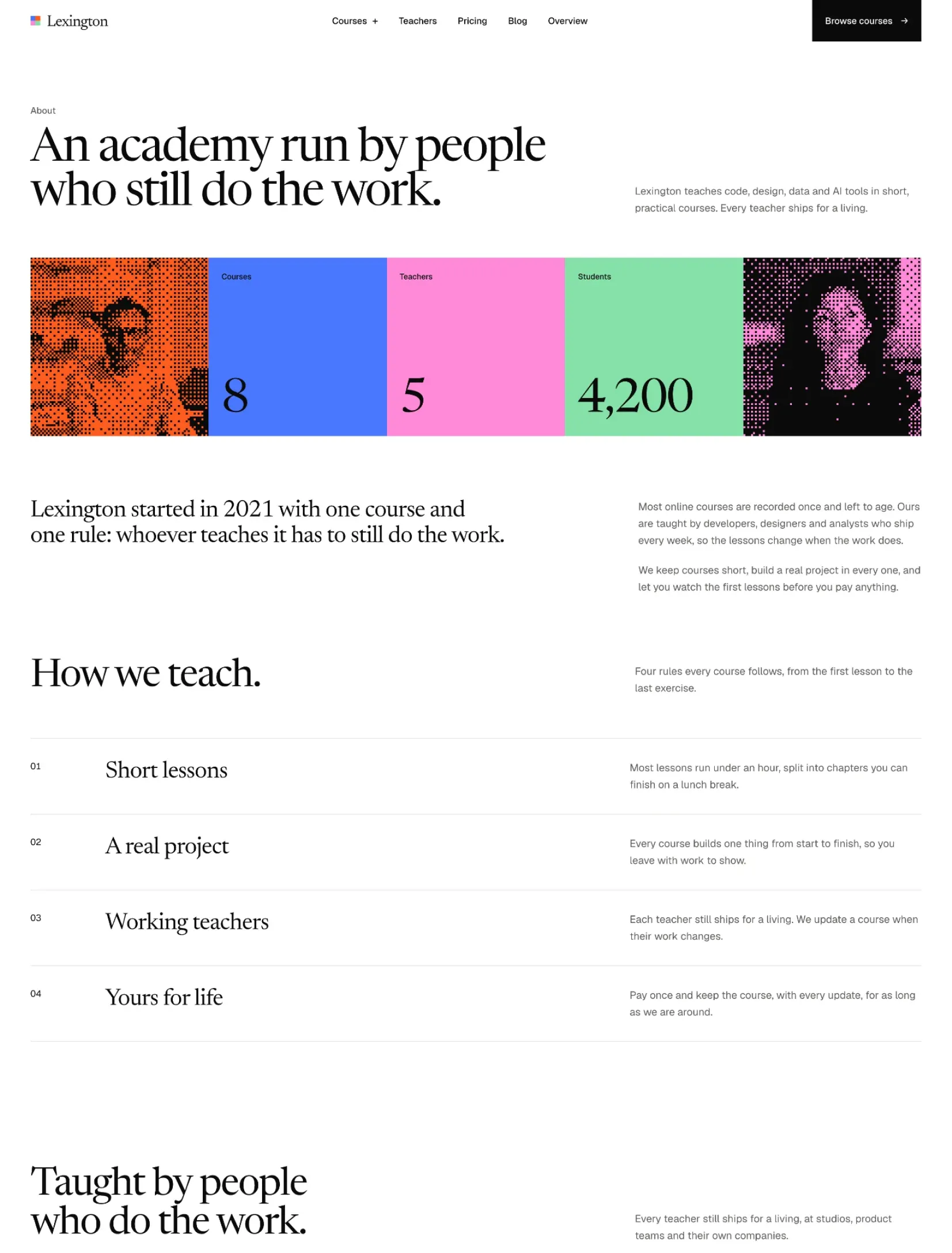 Enlightr about page with dithered portraits, colour stat tiles and the teaching principles