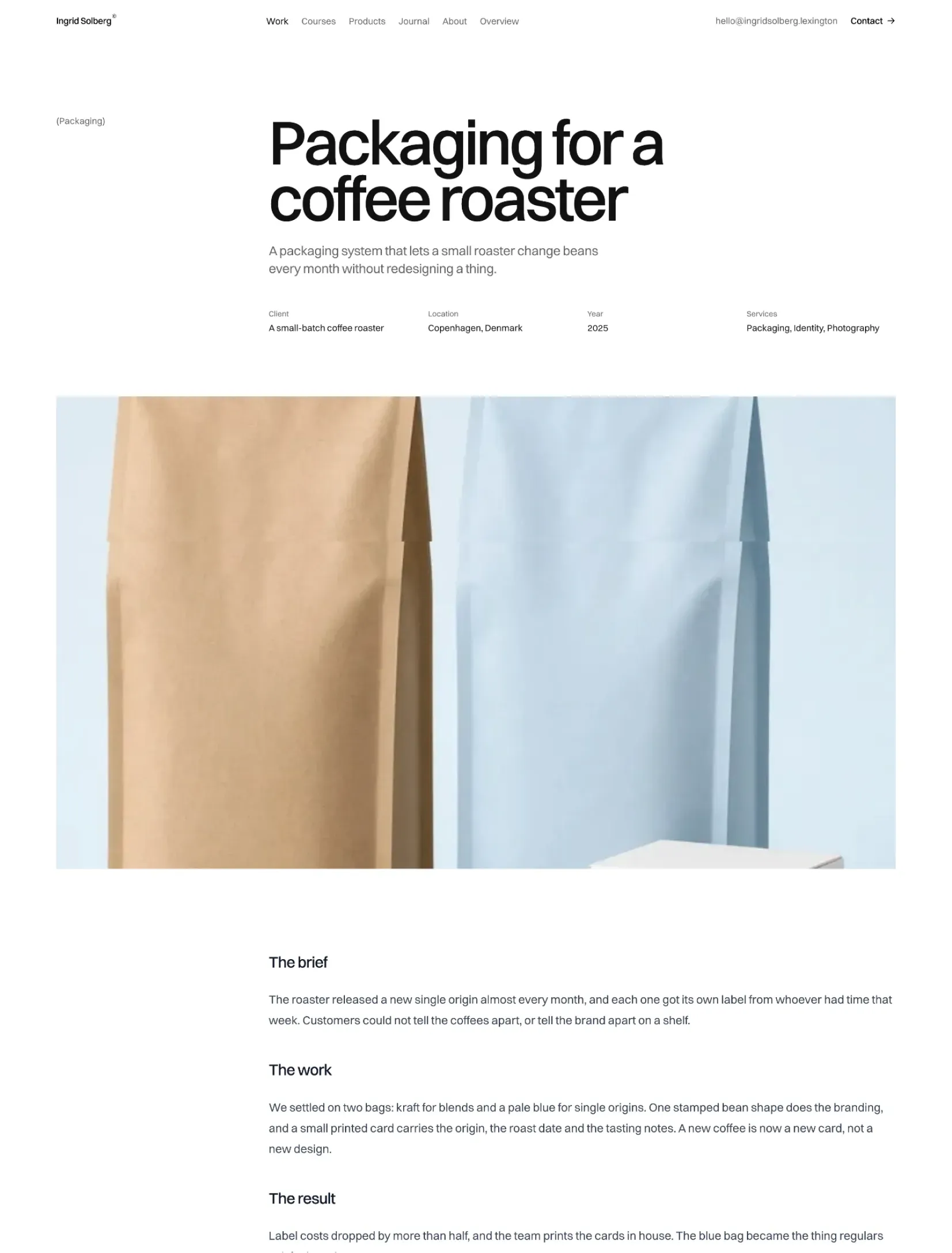 Pro FolioX case study for coffee packaging with client details, a wide photo and the brief